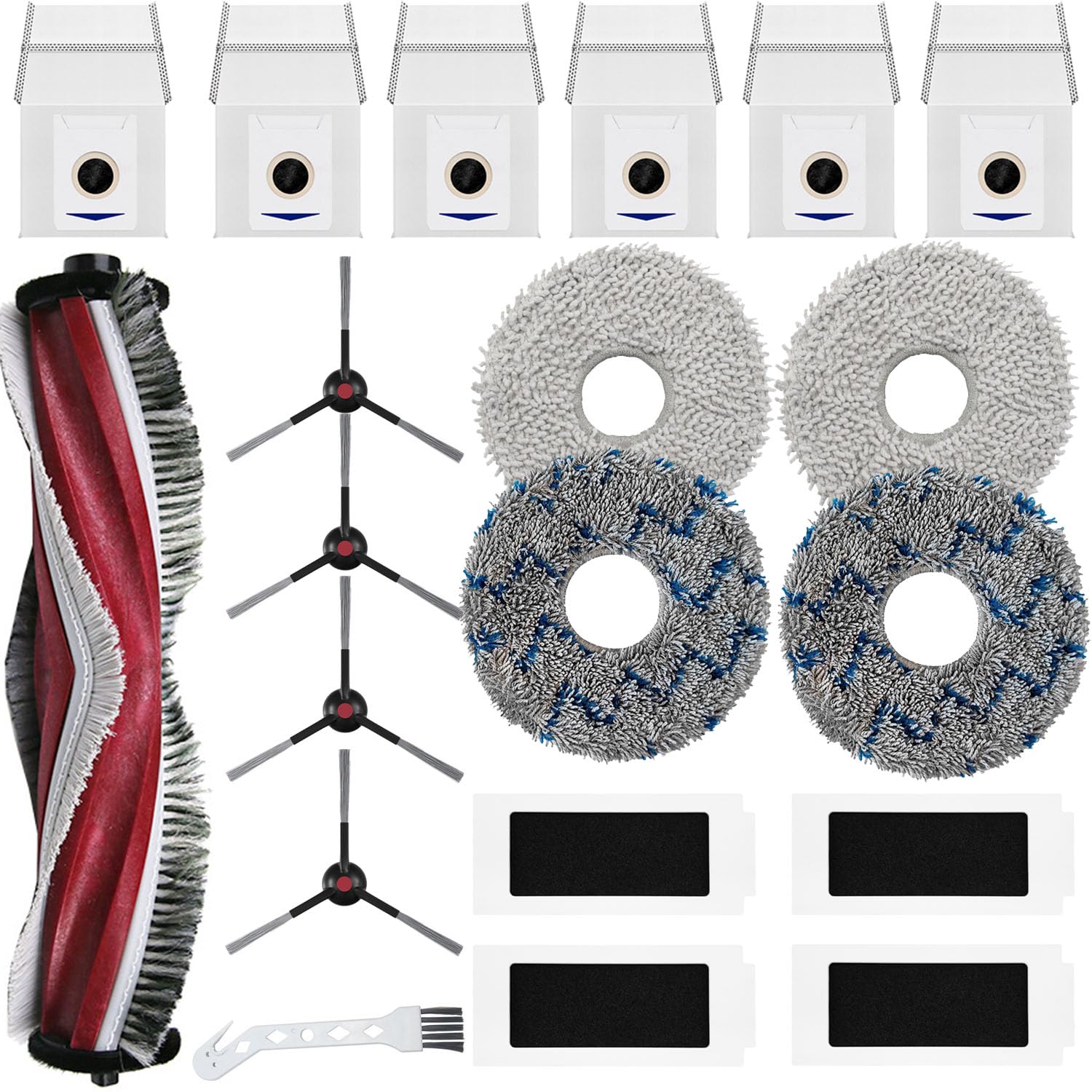 Accessories Kit Compatible With Yeedi M12 Pro+ ECOVACS DEEBOT T30s Robot Vacuum,1 Main Brush Roller,4 Side Brushes,4 Mop Pads,4 Hepa Filters,6 Dust Bags (20 Pack)