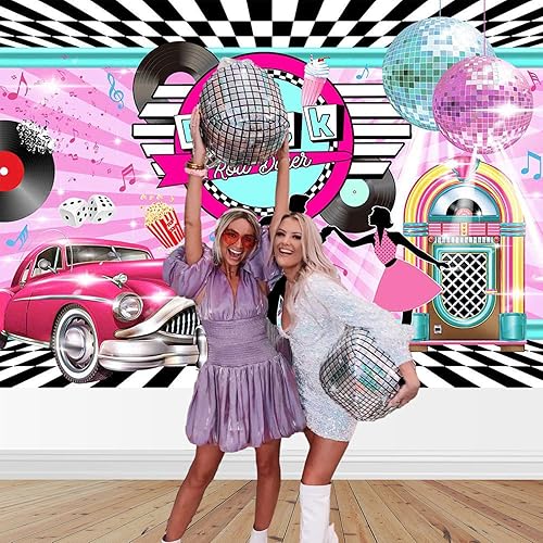 Miniatura 3 de Mocsicka Pancarta de fiesta de los años 50, fondo retro de cabina de fotos con temática de rock and roll, para decoraciones de cumpleaños de los