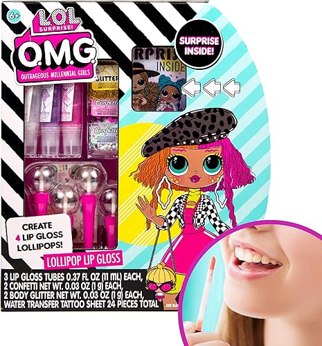 L.O.L. Surprise! O.M.G. - Brillo de labios Lollipop de Horizon Group USA, crea 4 brillos de labios LOL Surprise, incluye 4 recipientes de brillo de