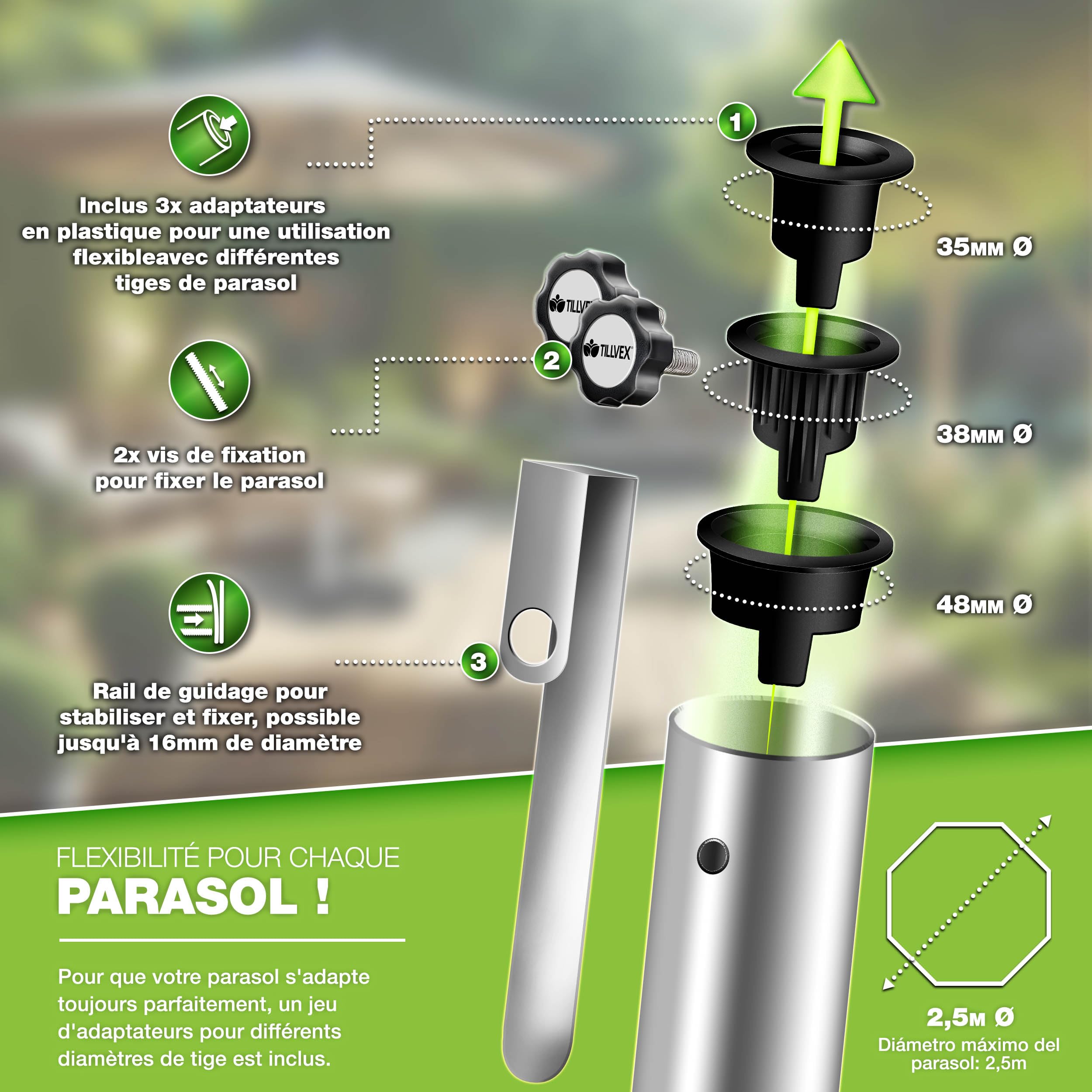 tillvex® Pied de Parasol Rond en Granit avec roulettes - 27 kg | avec Tube en Acier Inoxydable | Parasol Lestage Pieds Base pour pour Parasol déporté mâts de 16 à 48 mm et 250 cm de diamètre