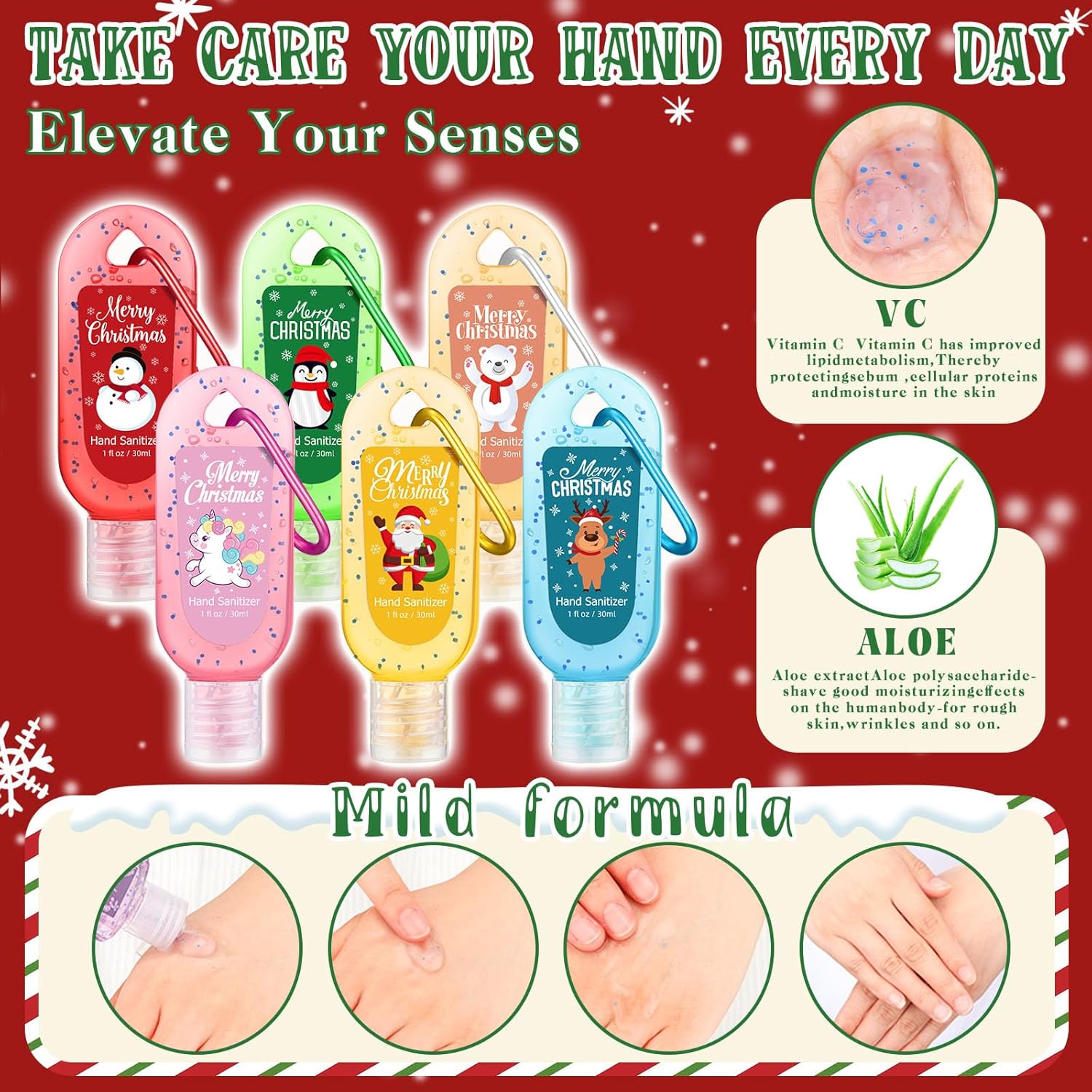24 Packs Christmas Hand Sanitizers Keychains Gifts Travel Size Mini Hand Sanitizer Gel Bulk with Keychains 1oz Christmas Party Favors Treat Goodie Bags Stocking Stuffers Gift Homeless Supplies