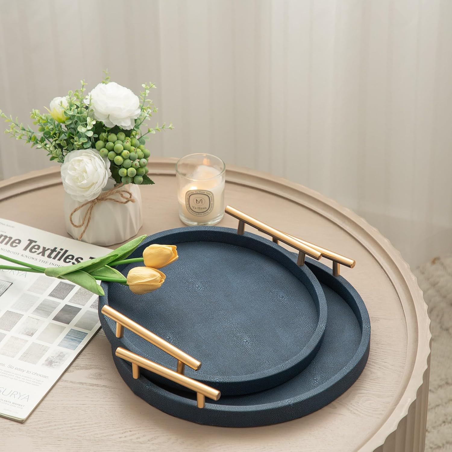 Modern Decorative Serving Tray, Round Shagreen Tray with Gold Polished Metal Handles, Decorative Trays Coffee Table Ottoman Trays for Living Room Bathroom Home Decor, Set of 2 (Blue)