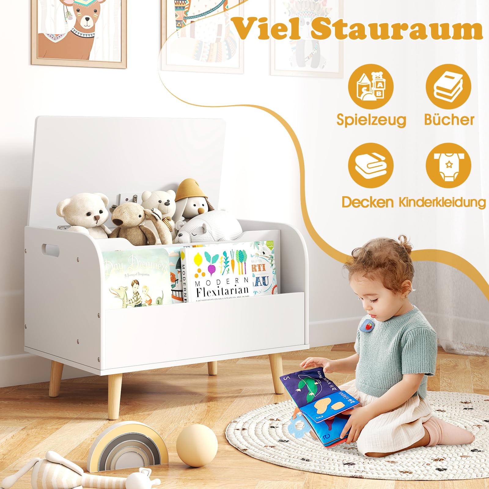 COSTWAY Spielzeugtruhe mit Deckel, 2 in 1 Spielzeugkiste aus Holz mit Bücherregal, Sitztruhe mit Stauraum, Spielzeug Aufbewahrung montessori für Kinderzimmer, Spielzimmer, 60 x 40 x 43 cm (Weiß)
