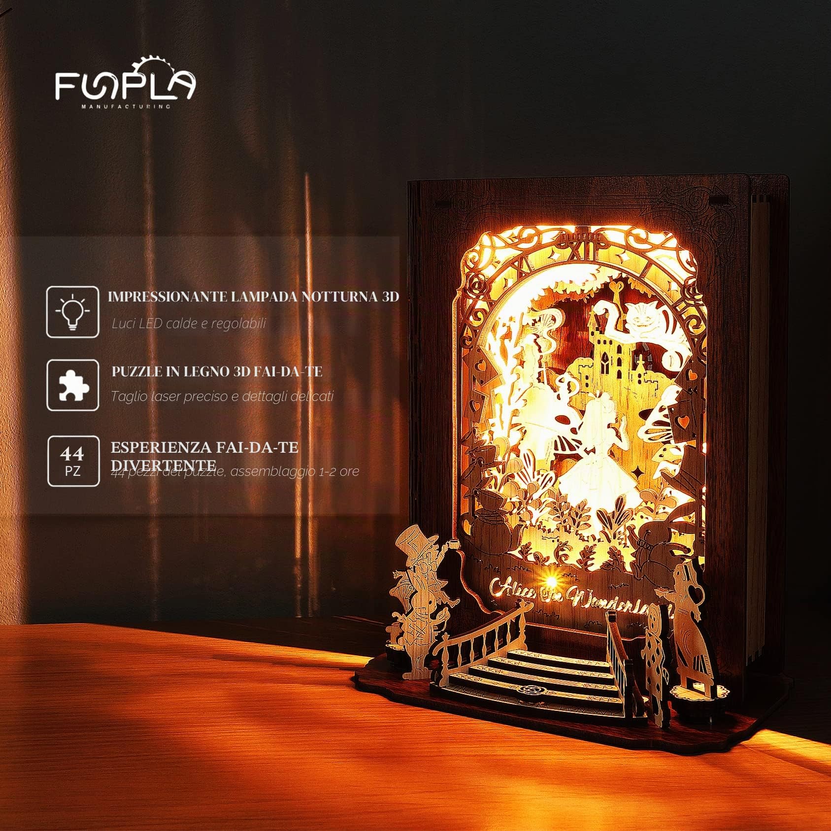 FUNPOLA Alice nel Paese delle Meraviglie Puzzle 3D Luce Notturna – Lampada da Libro LED 3D Fai da Te – Puzzle in Legno 3D Lampada Decorativa per Bambini e Adulti