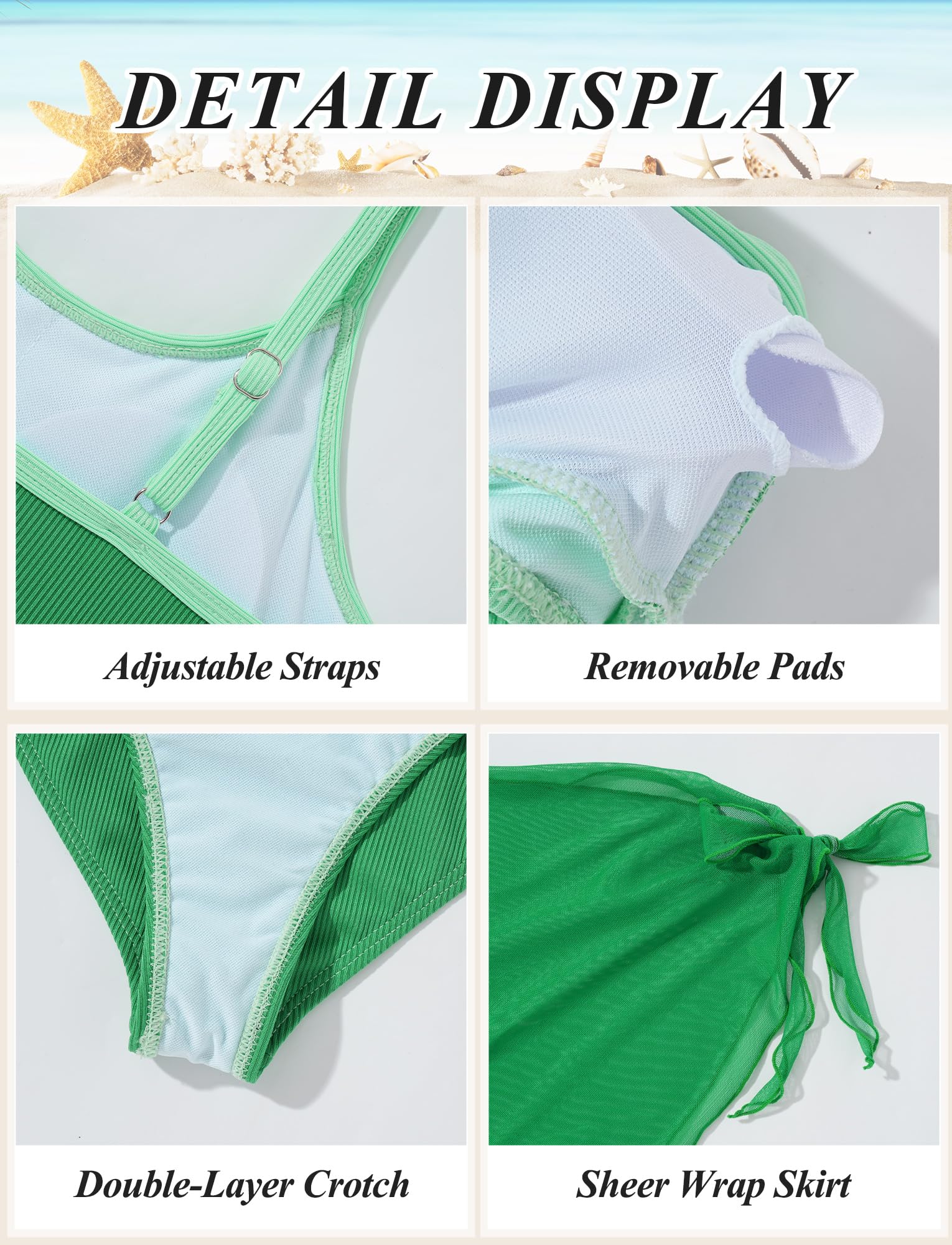 Ensemble Bikini 3 Pieces Fille Maillot de Bain Bretelles Spaghetti Gerippt Ensemble de Bain Rembourré Couleur Unie 9-16 Ans