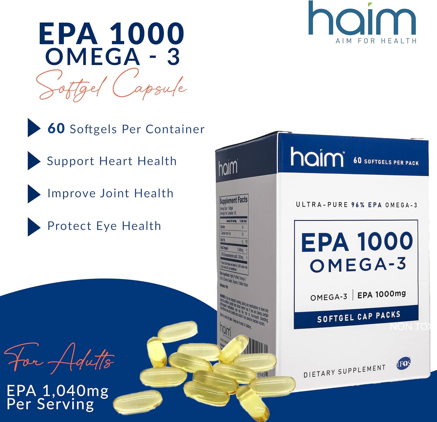 HAIM EPA1000 – High-Potency EPA Fish Oil Supplement – 1,000mg Omega-3 for Heart, Brain & Joint Health – Pure, Burpless Capsules – 60 Softgels – Made in USA - Image 2