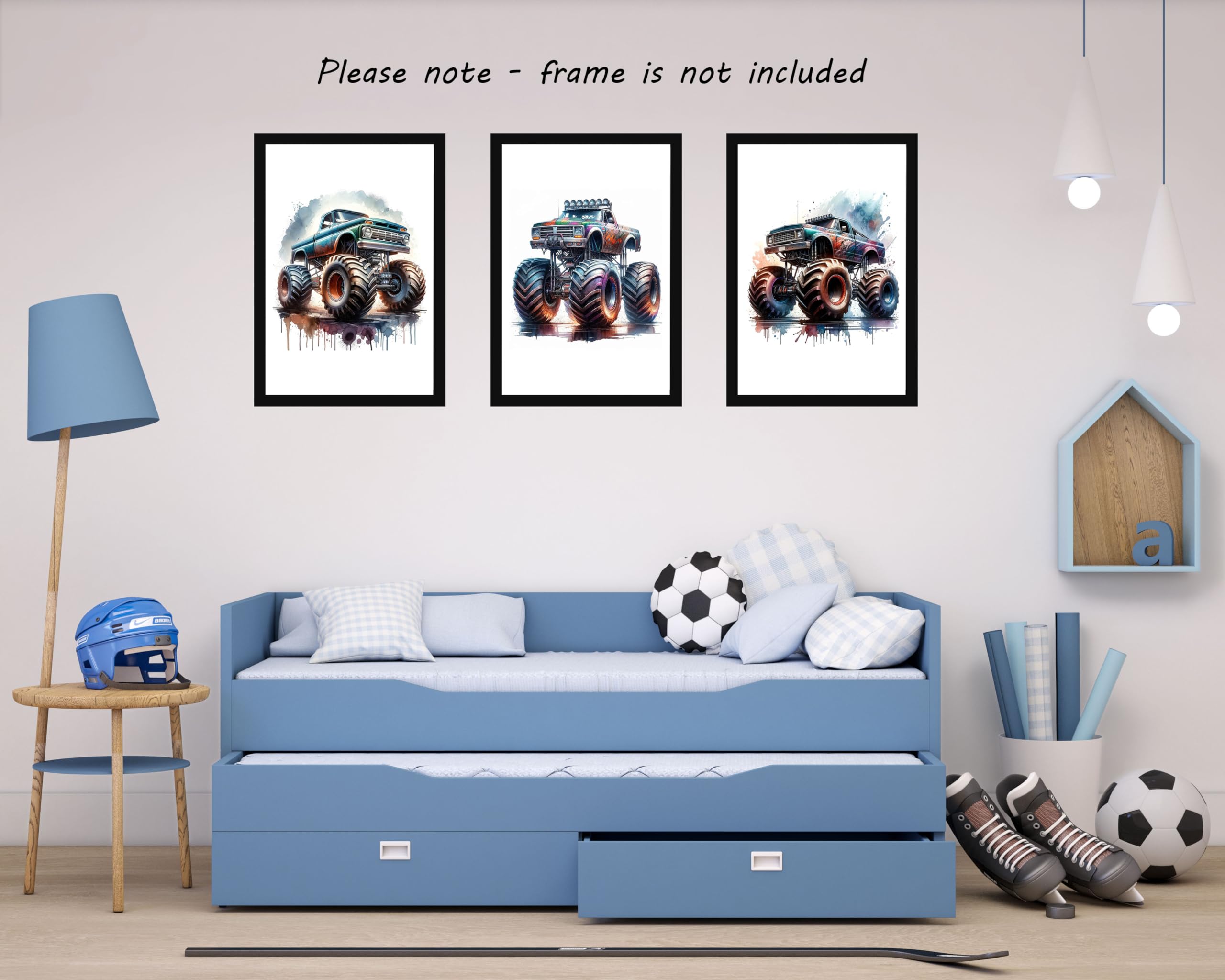 Monster Trucks Set of 3 Unframed Poster Prints for Boy Girl Nursery Bedroom Playroom Watercolour Design, Wall Art Cars Decor - Image 3
