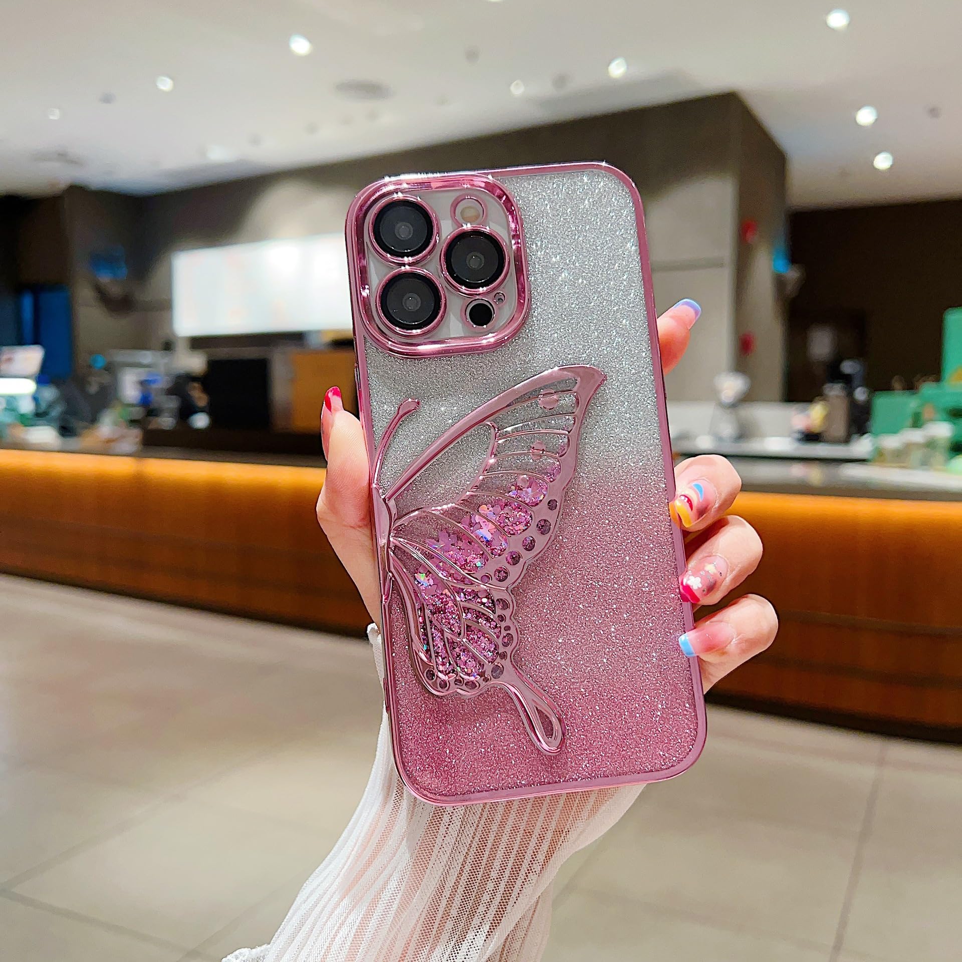 I MGAE IN AR Compact Case For IPhone 13 Pro Max Butterfly Design,3D Diamond Camera Lens Protection Frame,Cute Soft Slim TPU Shockproof Protective Phone Cases Cover For Women Girls Gradient Pink Silver