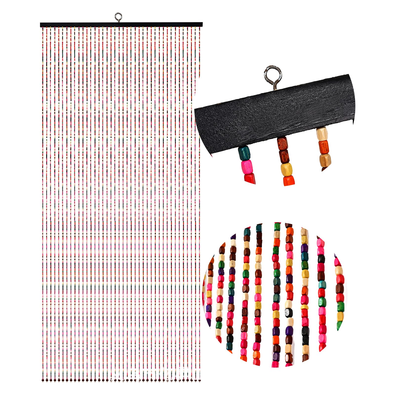 Rideau Perle Bambou pour Porte 90 x 195 cm Wood Bead Curtain Perles Arc-en-Ciel, Protection Contre Les Insectes