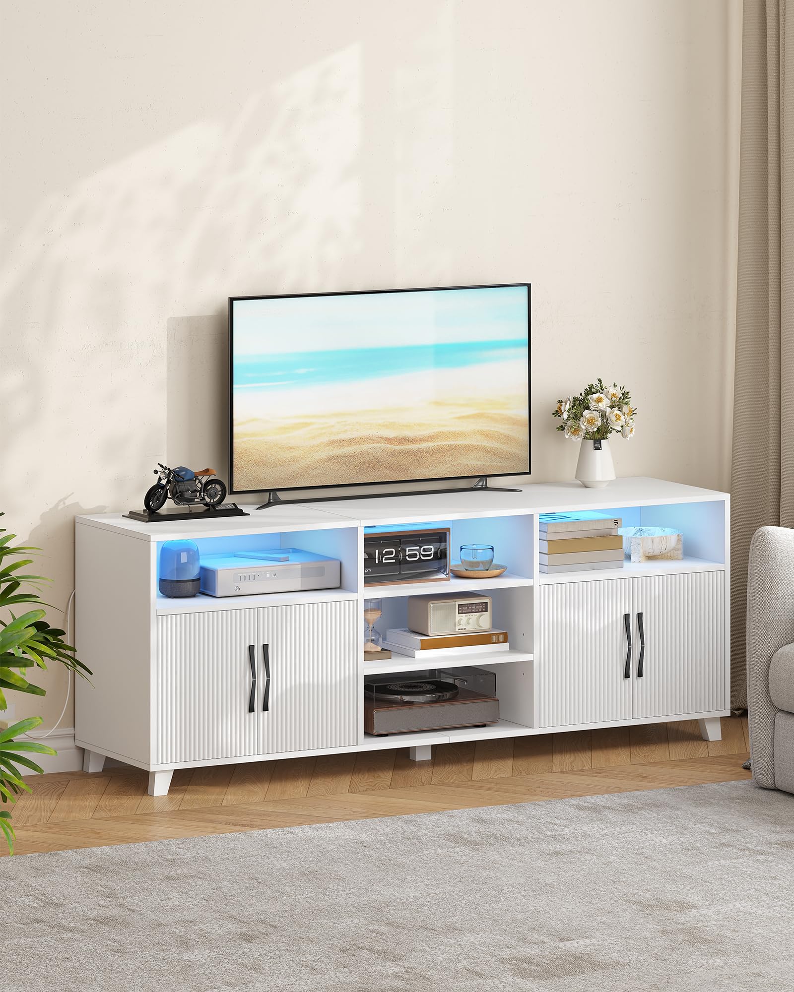 Hzuaneri Meuble TV, 147 cm Blanc, avec Lumières LED Réglables 25 Couleurs