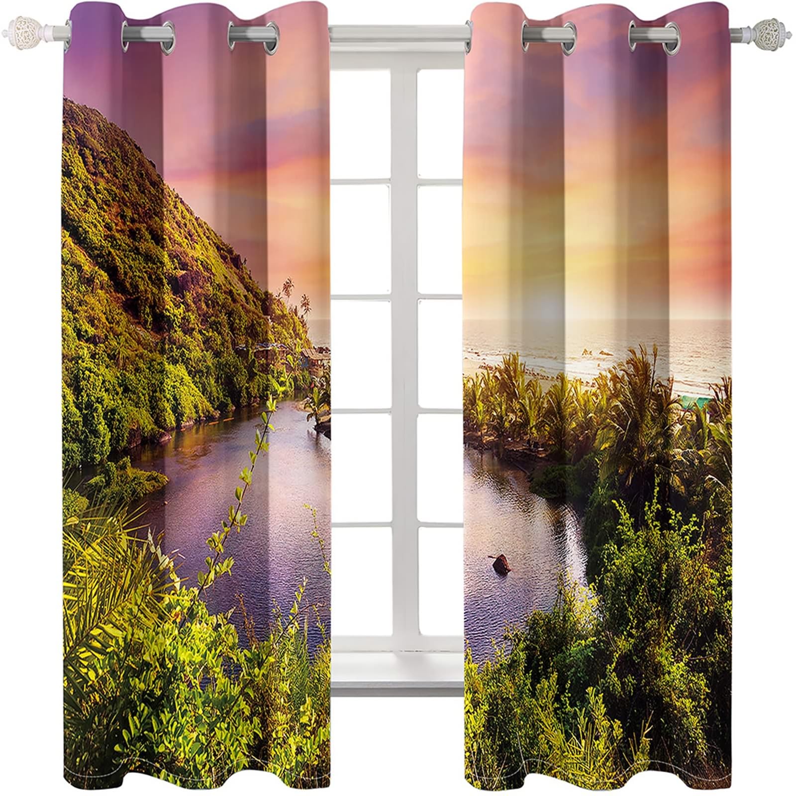 Gualiy Vorhänge Ösen 2er Set, Vorhänge 86x160 Berg Bäume Meer Landschaft Gardinen Vorhang Blickdicht