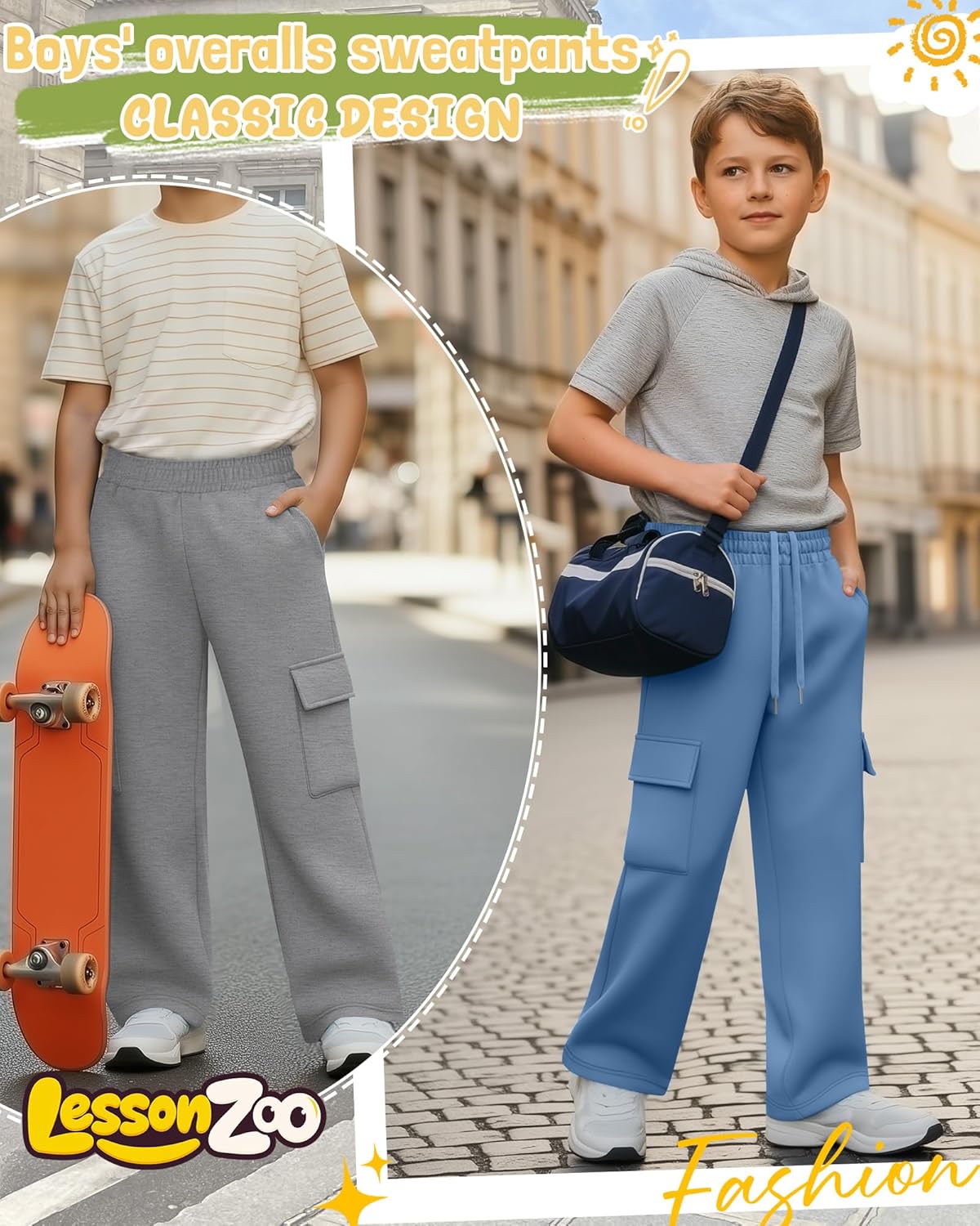 3 Pack Boys' Cargo Sweatpants Wide Leg Baggy Casual Pants Elastic Waist Open Bottom Workout Joggers with Pockets