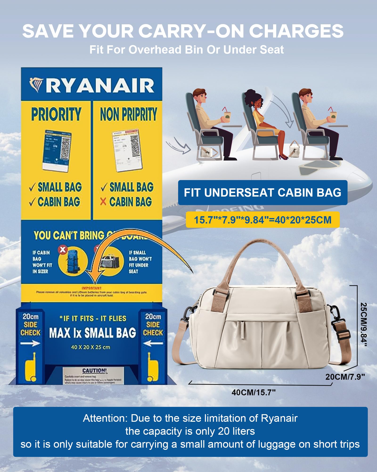 Borsone da Viaggio Donna, 40x20x25 Ryanair Bagaglio a Mano Borsa da Viaggio con Scomparto per le Scarpe, Borsa Sportiva Borsone da Palestra Grande, Borsa da Weekend,Borsa per Ospedale J1-Marrone beige