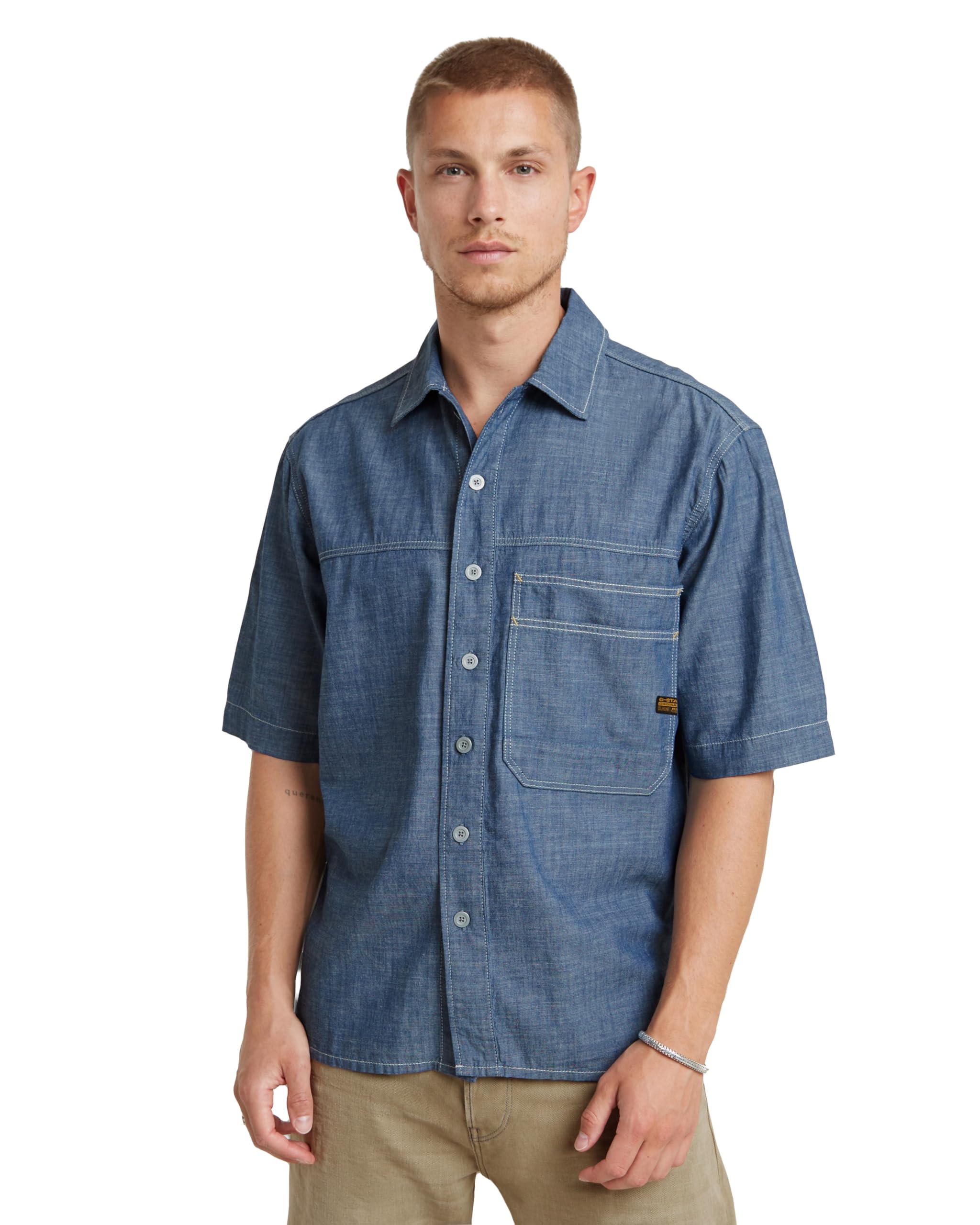 G-Star Men's Blue (Rinsed D24603-D558-082) Double Pocket Relaxed Shirt, Extra Large