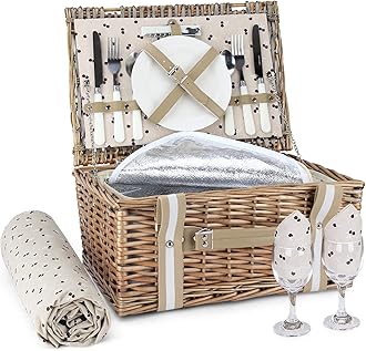 Willow Picnic Basket Set for 2 Persons with Large Insulated Cooler Bag and Waterproof Picnic Blanket, Wicker Picnic Hamper for Camping,Outdoor,Birthday