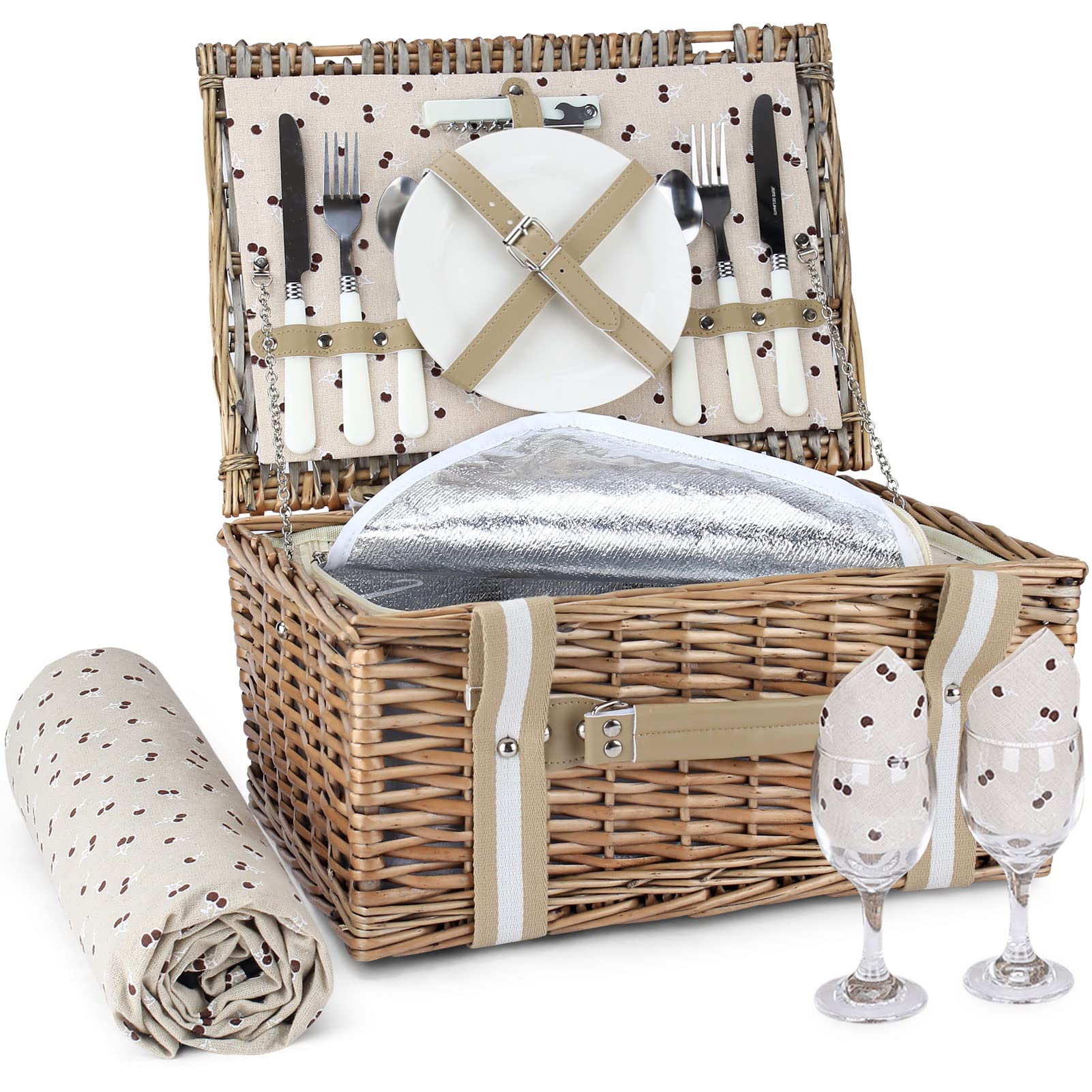G GOOD GAIN Willow Picnic Basket Set for 2 Persons with Large Insulated Cooler Bag,Wicker Picnic Hamper for Camping,Outdoor,Valentine Day,Thanks Giving,Birthday