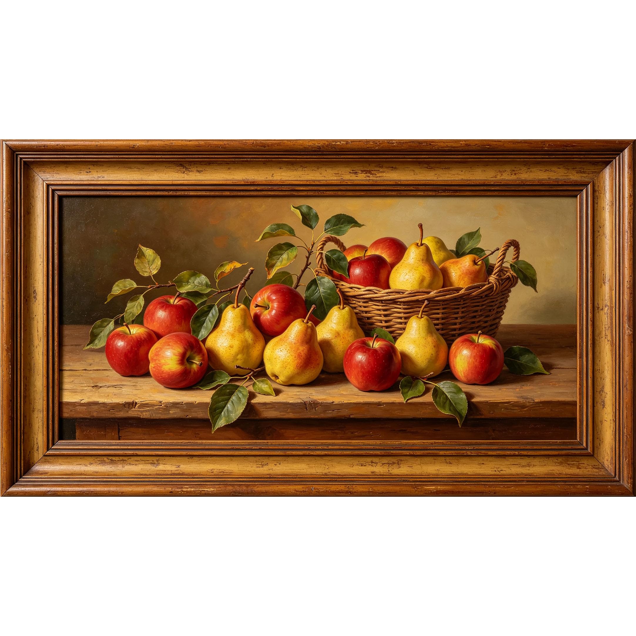 QZLITHOTIC 50x90cm3D Framed Wall Art， Vintage Still Life Pears and Apples Basket Oil Painting Self‑Adhesive Mural， Water‑Activated Peel & Stick Fabric Decor Wall Decal for Bedroom Living Room