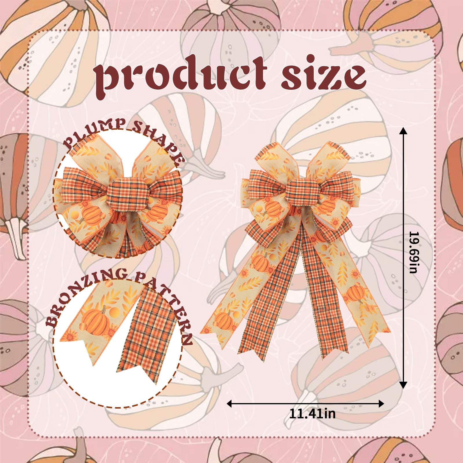HIENAJ Large Fall Orange Red Plaid Bow Wreath Pumpkin Leaves Bow for Fall Décor - Autumn Thanksgiving Bow for Front Door Indoor Outdoor Wall Decoration Supplies Ornaments 4