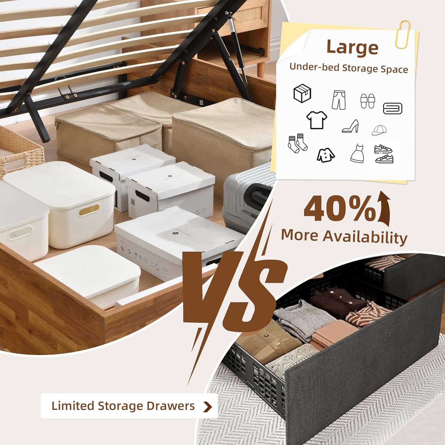 Queen Size Lift Up Storage Platform Bed Frame, Wood Bed Frame with Metal & Slats Support, Wooden Bed Frame Without Headboard, No Box Spring Needed, Easy Assembly, Rustic Brown