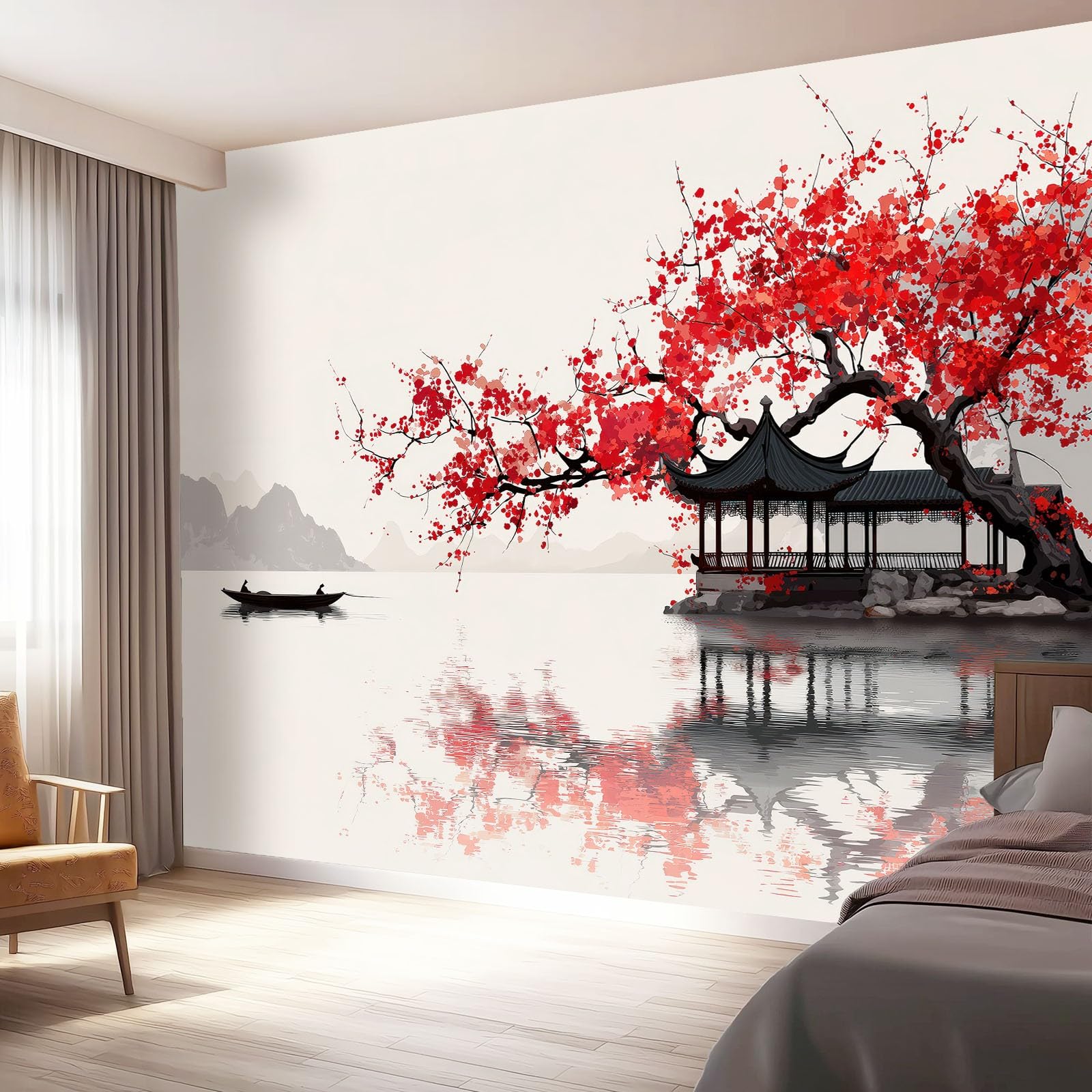 Vlies Fototapete Landschaft 350 x 256 cm, Creme Fototapeten für Wohnzimmer Schlafzimmer - Vliestapete Wandtapete Tapete 3D Effekt - Chinesischer Stil Blumen Seen Pavillons