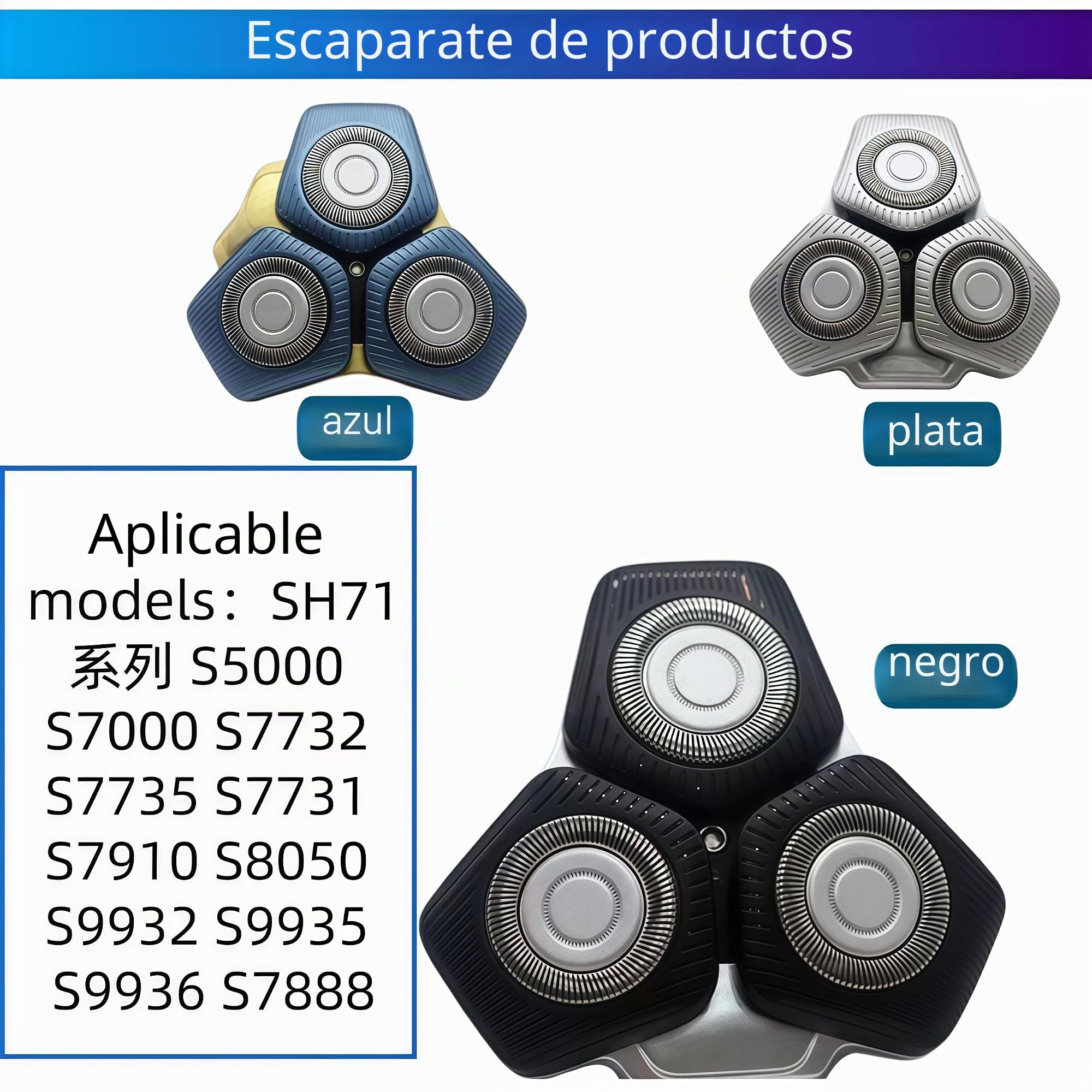 Cabezal de repuesto completo para afeitadora eléctrica para hombre, conjunto completo de cuchillas compatible con afeitadoras Philips SH71, S5000, S7000, S9000 Series (azul)