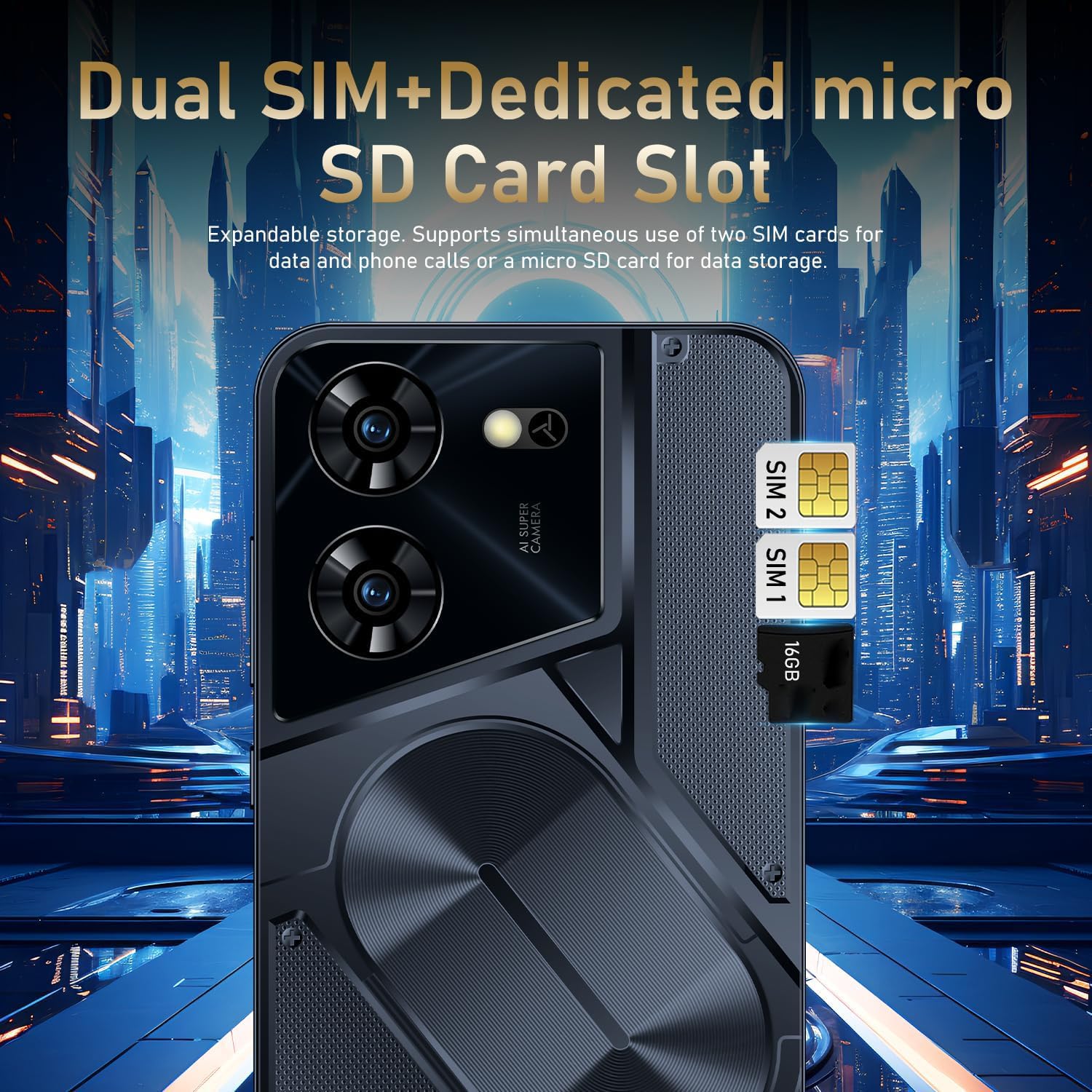 Teléfono económico, pantalla de 5,0 pulgadas, 16GB ampliable hasta 128GB, doble SIM desbloqueado, doble cámara, WIFI/Bluetooth/ID facial. Teléfono básico (Black)