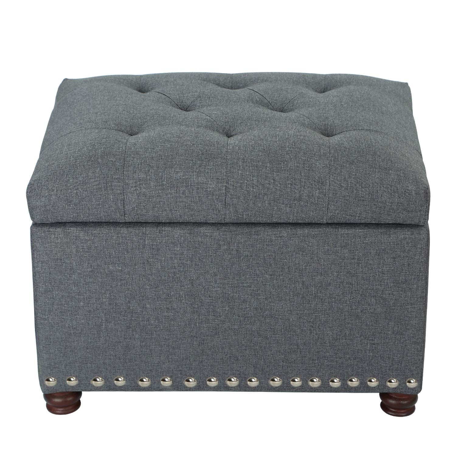 Decent Home Fabric Storage Ottoman Lift Top Rectangular Foot Rest Stool with Nailheads for Bedroom Living Room (Grey)