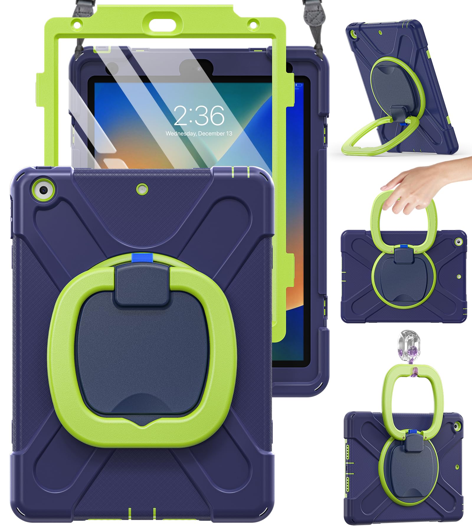 BRAECN Kids Protective Case for iPad 10.2 Inch 9th/8th/7th Generation 2021/2020/2019 - Shockproof Hard Case with Kickstand, Handle Grip & Carrying Strap | Screen Protector & Pencil Holder - Navy+Green Navy Green