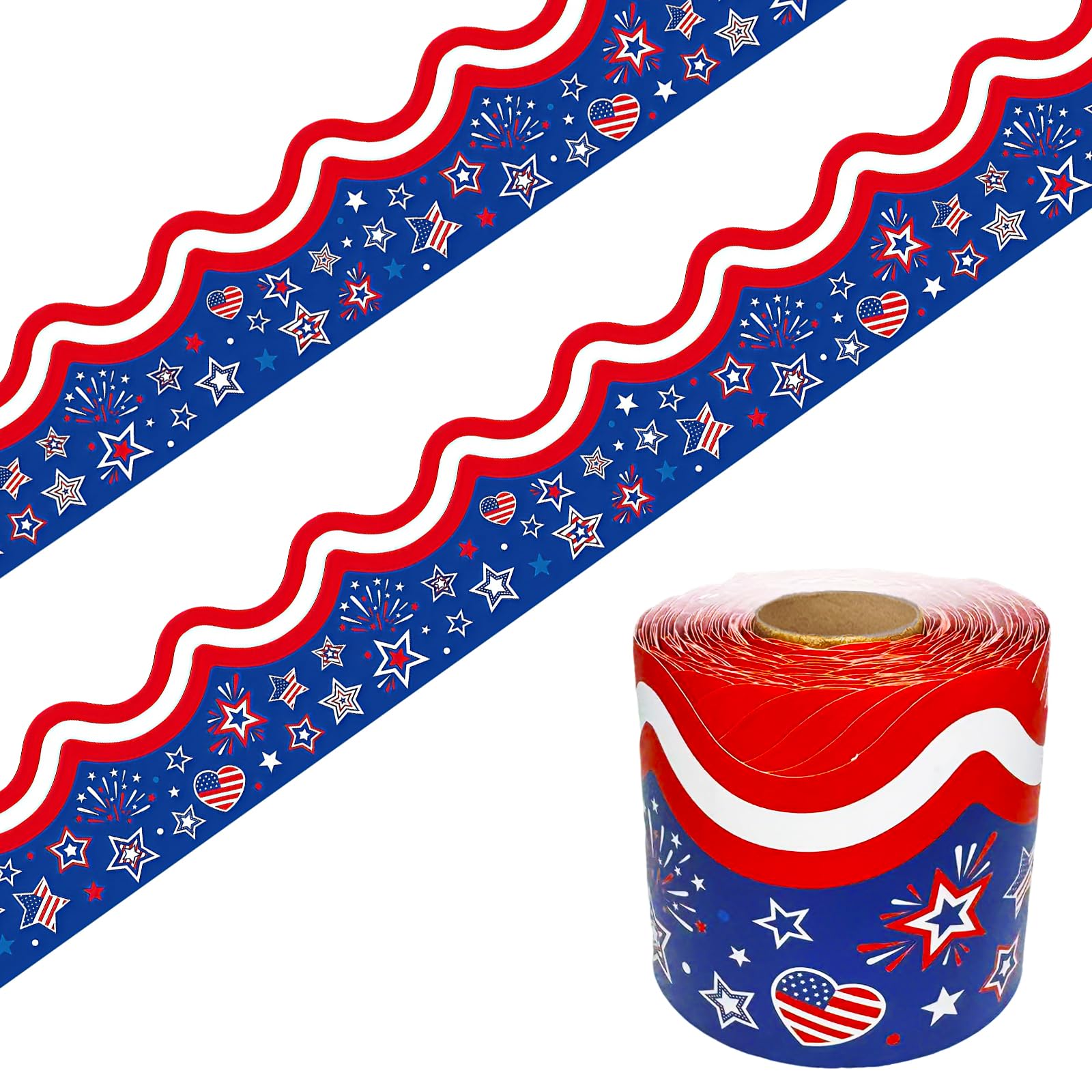 Photo 1 of 68.9 Feet Patriotic Bulletin Board Border Fireworks Stars Red White Striped Decoration Sticker for on July 4thClassroom Blackboard Independence Day Party Decoration