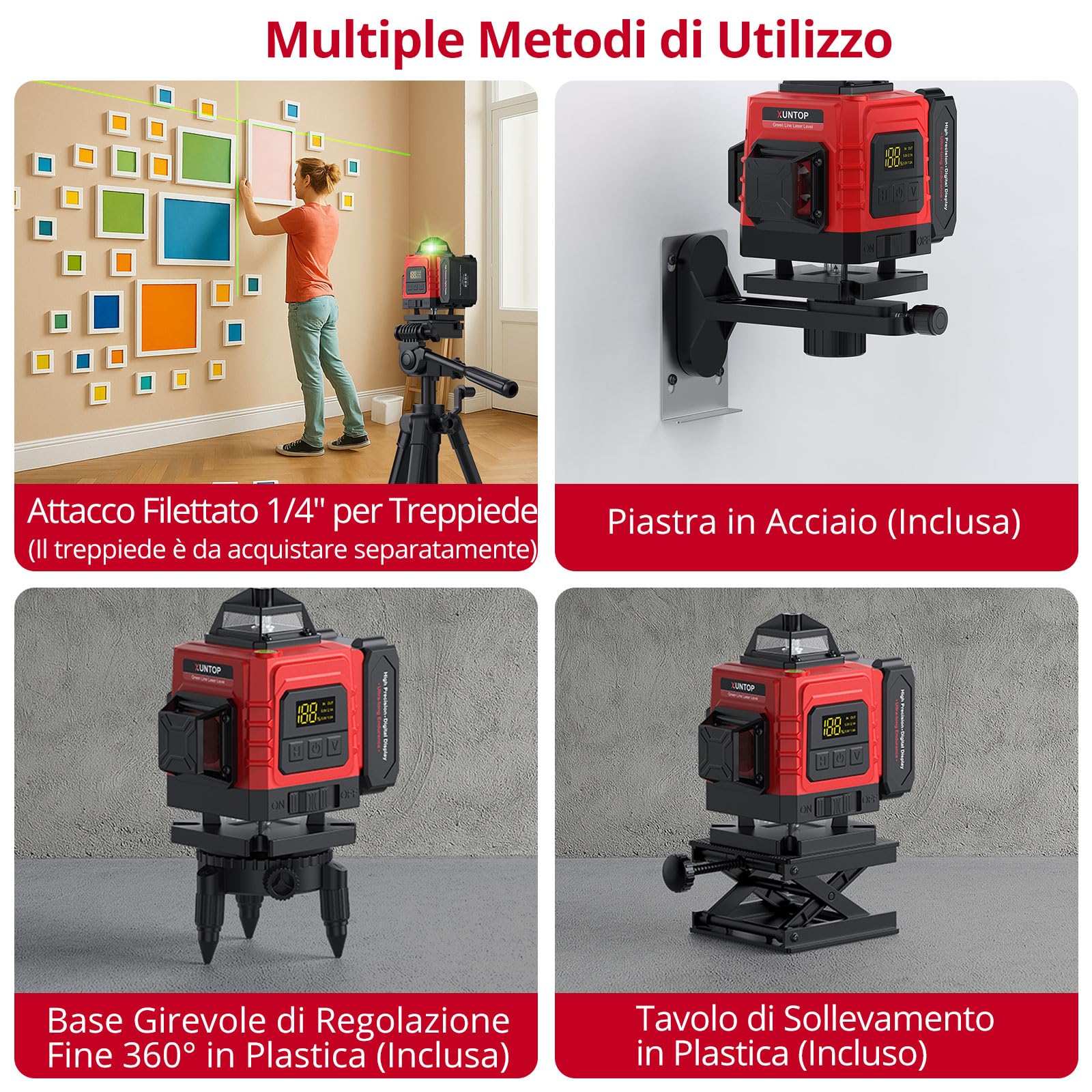 XUNTOP Livello Laser Autolivellante 16 Linee Verde Livella Laser 4x360° Autolivellante con Telecomando, 2 Batterie Ricaricabili, Supporto Magnetico, Base Regolabile, IP54, USB-C per Interni DIY