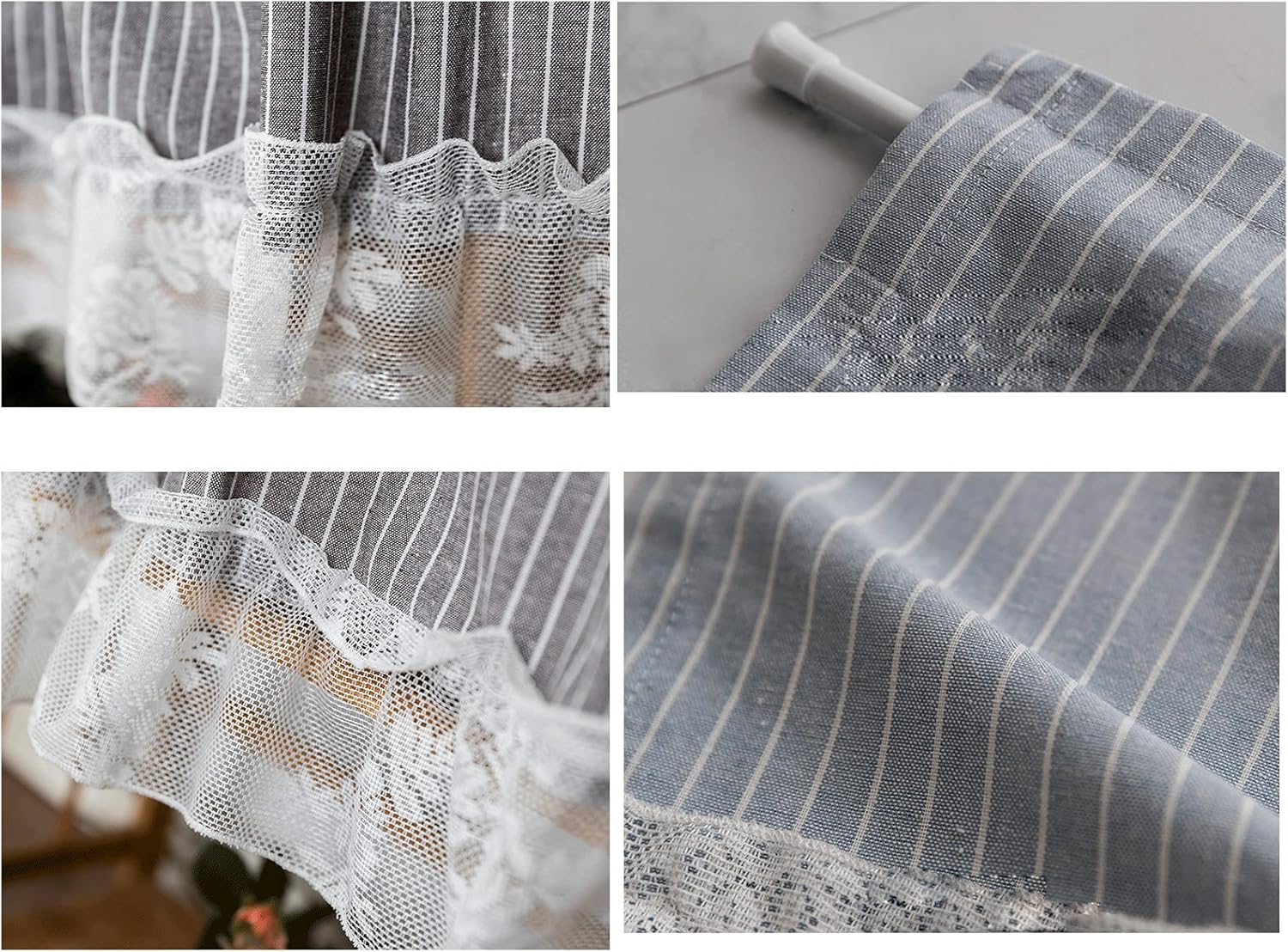 LUNEZY Kitchen Curtain,Striped Cotton and Linen Translucent Small Cafe Curtains for Window Treatment,Lace Embroidery Bistro Curtain Country Style,Short Tier Curtains Valance for Bathroom