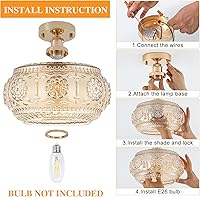 Vista 6 de Semi Flush Mount Ceiling Light - French Gold Finish & Amber Floral Glass Shade, Vintage Modern Lighting for Bathroom, Kitchen, Bedroom