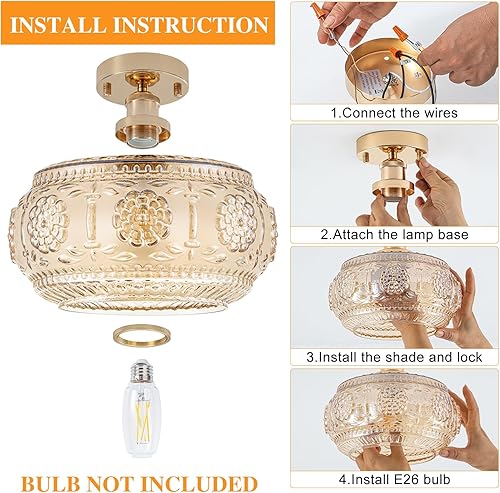 Miniatura 6 de Semi Flush Mount Ceiling Light - French Gold Finish & Amber Floral Glass Shade, Vintage Modern Lighting for Bathroom, Kitchen, Bedroom (Bulb Not