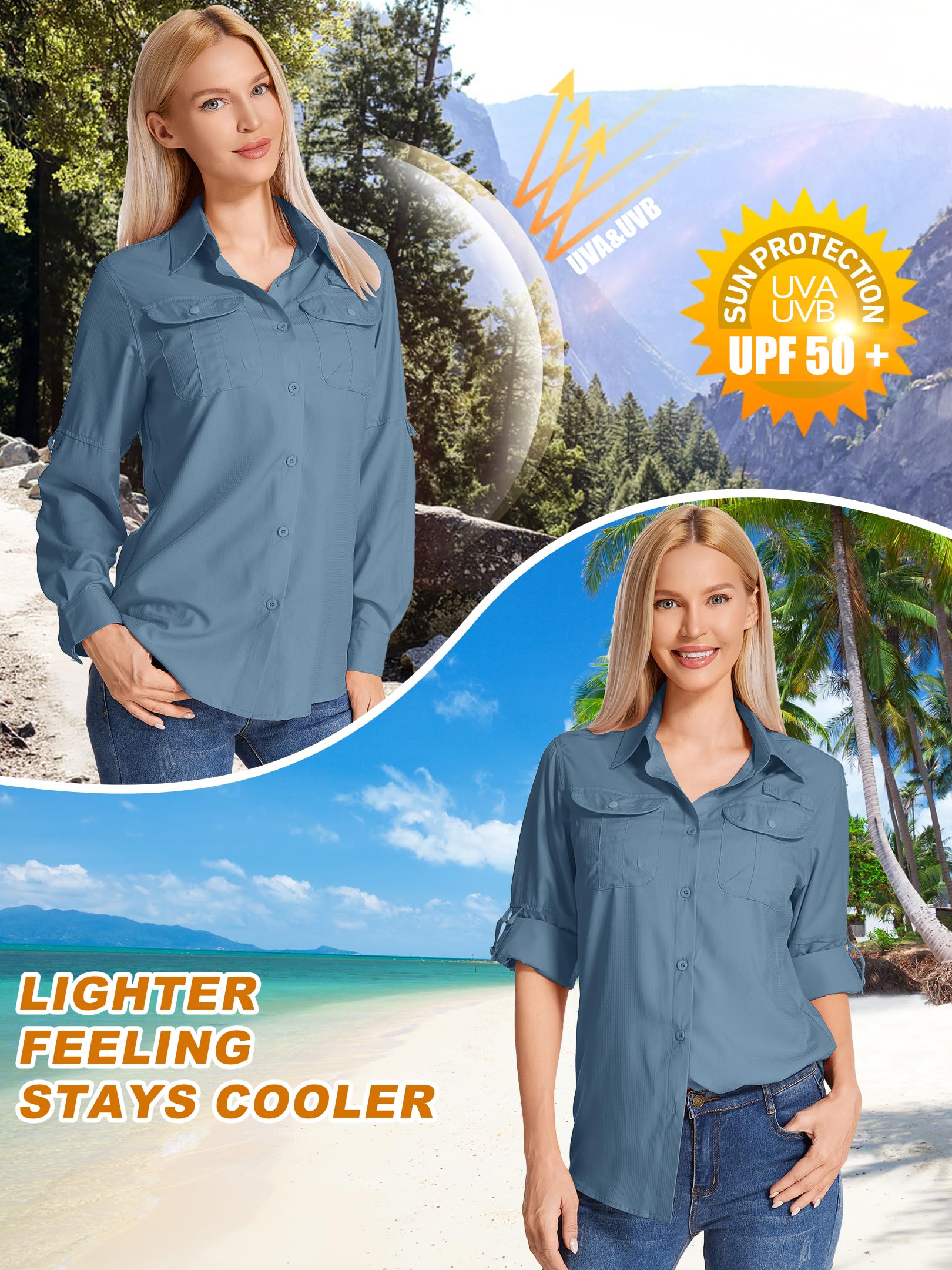 Koszula Damska Outdoor Długi Rękaw UPF 50+ Ochrona UV - Oddychająca i Szybkoschnąca Koszula Funkcjonalna do Turystyki, Wędrówek, Safari, Wędkarstwa, Golfa, Podróży i Sportu