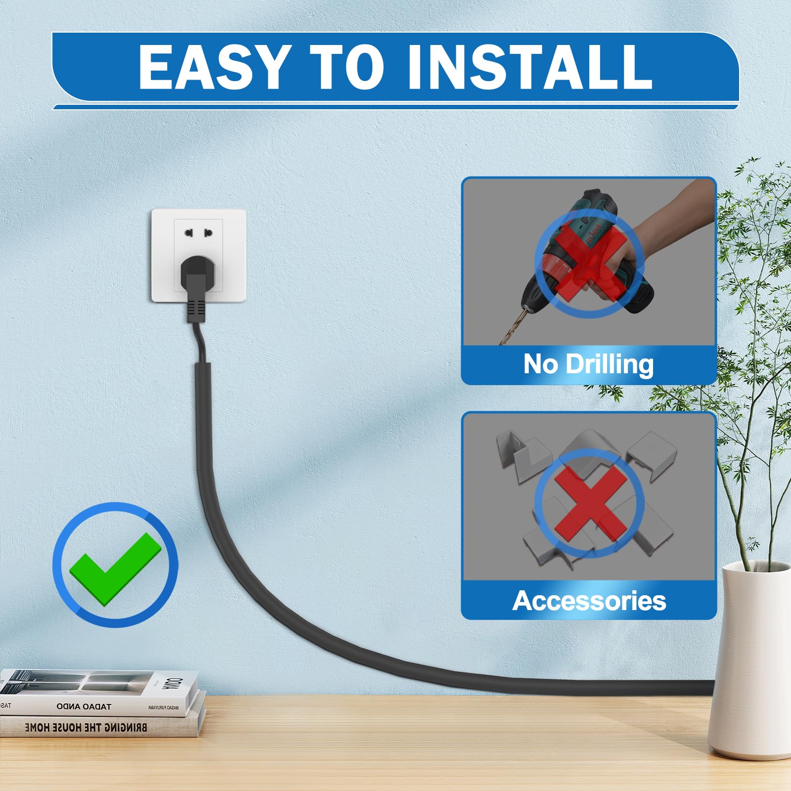 UOMTFAI Wall Cord Hider 78 Zoll - Selbstklebende Drahtabdeckung Raceway für Wände, Flexibler PVC-Kabel-Concealer für Zuhause und Büro, W0.59 H0.99.1 cm - Schwarz