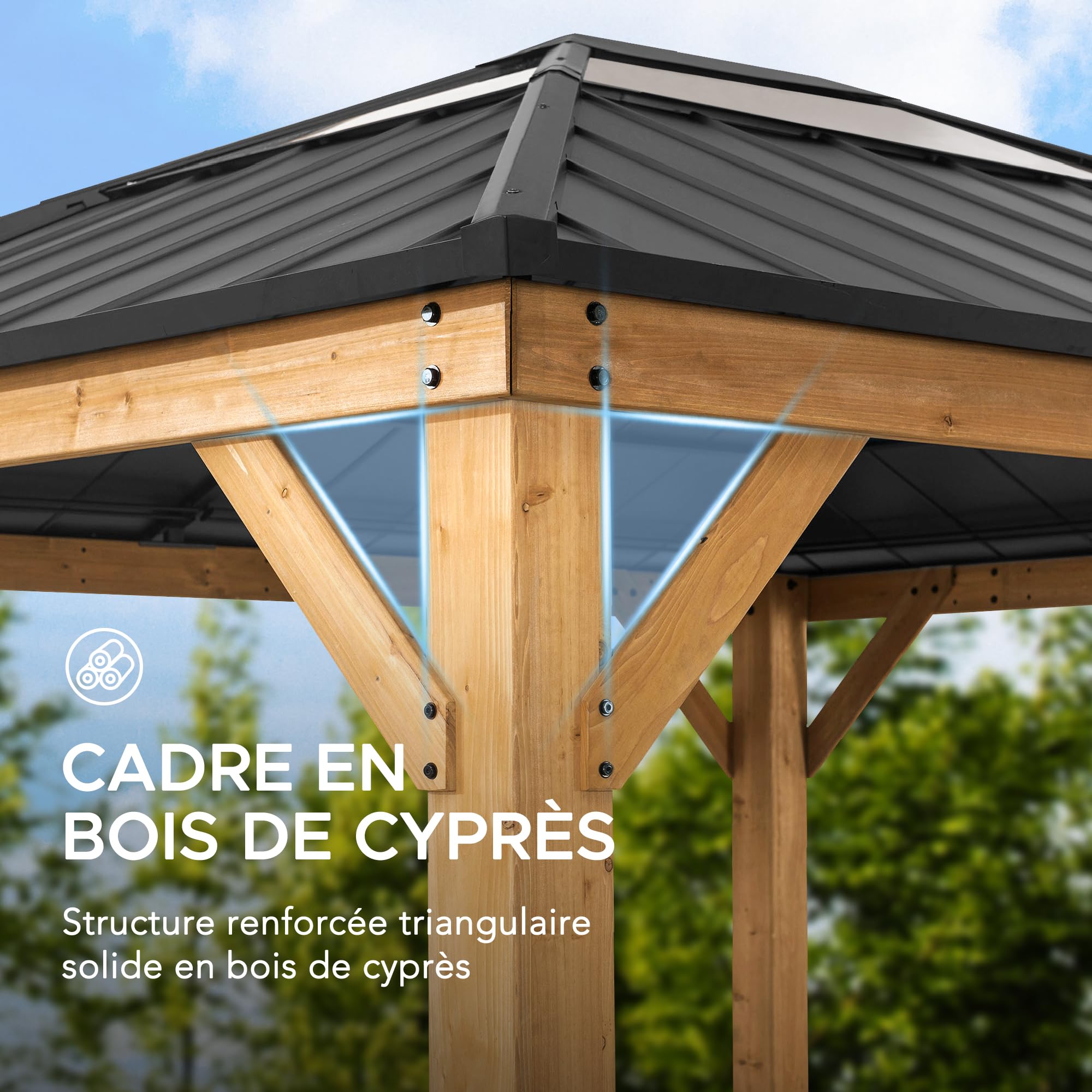 SUNJOY Tonnelle Hardtop Bois 3,3×3,9 m, Cadre en Cèdre Naturel, Toit en Acier avec Puits de Lumière en Polycarbonate, Pavillon Extérieur Résistant au Vent et à la Neige pour Jardin, Patio et Terrasse
