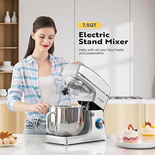 Miniatura 2 de VIVOHOME Batidora de pie de 7.5 cuartos de galón, 660 W, 6 velocidades, mezclador eléctrico de alimentos para cocina con batidor, gancho para masa,