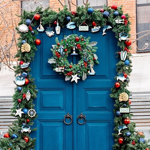 Miniatura 5 de 20 adornos de metal de Navidad con diseño de océano, playa, costero, navegación náutica para árbol, estrellas de mar, caballito de mar, tortuga,