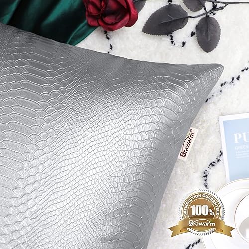 Miniatura 5 de BRAWARM Juego de 2 fundas de almohada de cuero plateado de 18 x 18 pulgadas, fundas de almohada decorativas de piel sintética para sofá, sala de
