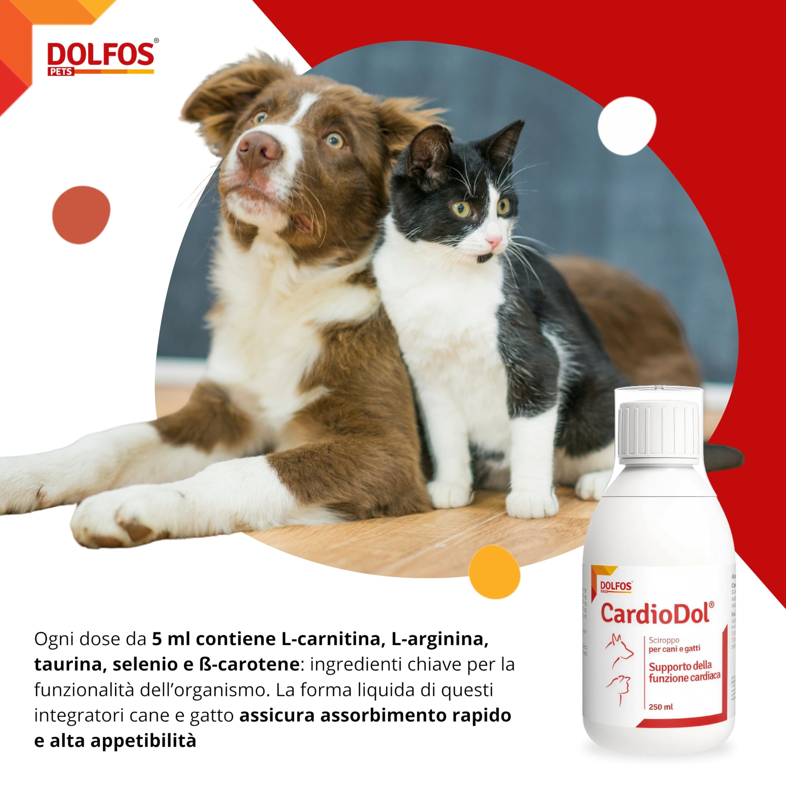 DOLFOS PETS CardioDol 250ml - Integratore Supporto Funzione Cardiaca in Cani e Gatti - Alimento Complementare Cuore, Favorisce la Salute del Muscolo Cardiaco - Facile Somministrazione