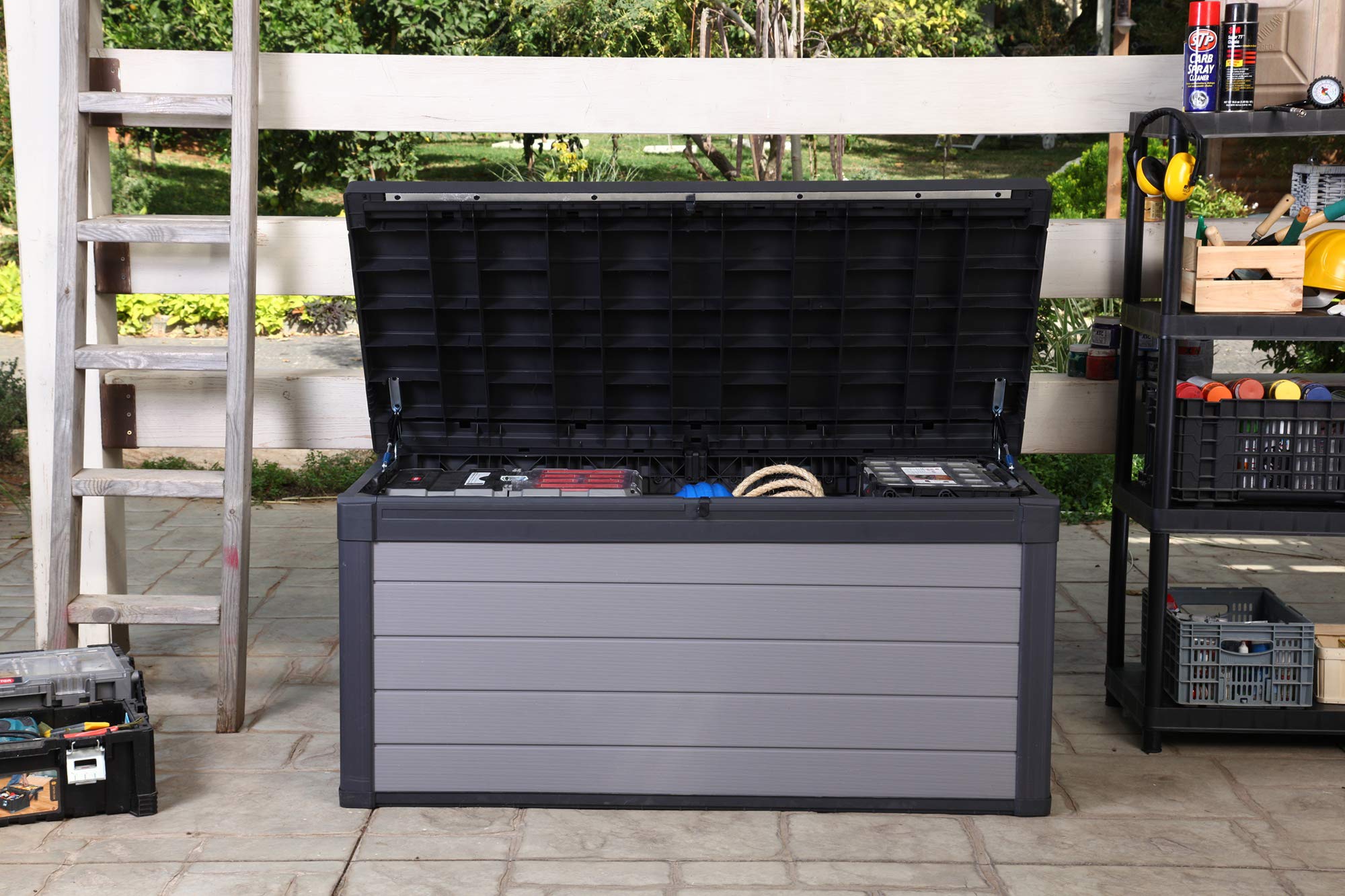 Ondis24 Keter Kissenbox Gartenbox XXL wasserdicht (570 Liter), Outdoor Auflagenbox, Premier Box, Sitztruhe, Kissentruhe Garten, Sitzbank