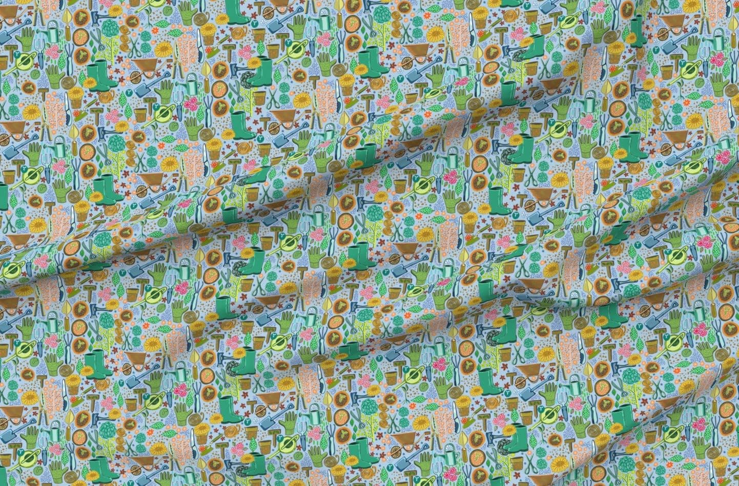 Spoonflower Fabric - Gardening Tools Green On Blue Printed on Organic Cotton Sateen Fabric by The Yard - Sewing Quilting Apparel Home Decor