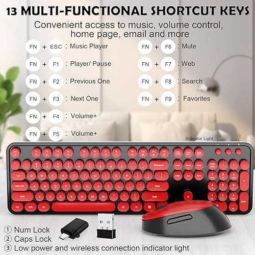 Vista 8 de Teclado y mouse inalámbricos, teclado retro COOFUN para máquina de escribir con teclas redondas, ergonómico de tamaño completo, ideal para PC