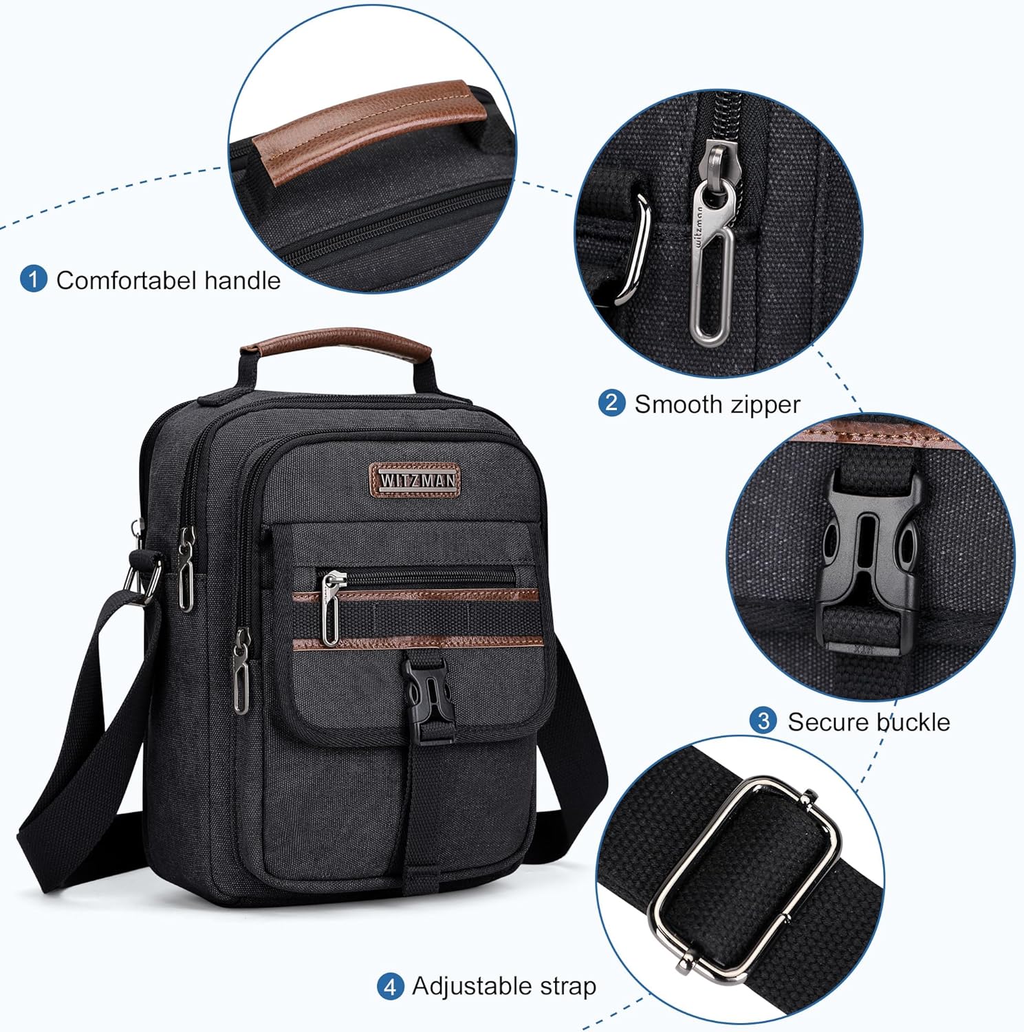 WITZMAN Crossbody Bag for Men Canvas Messenger Bags Vintage Man Purse Small Casual Shoulder Bag for Work Traveling - Image 6