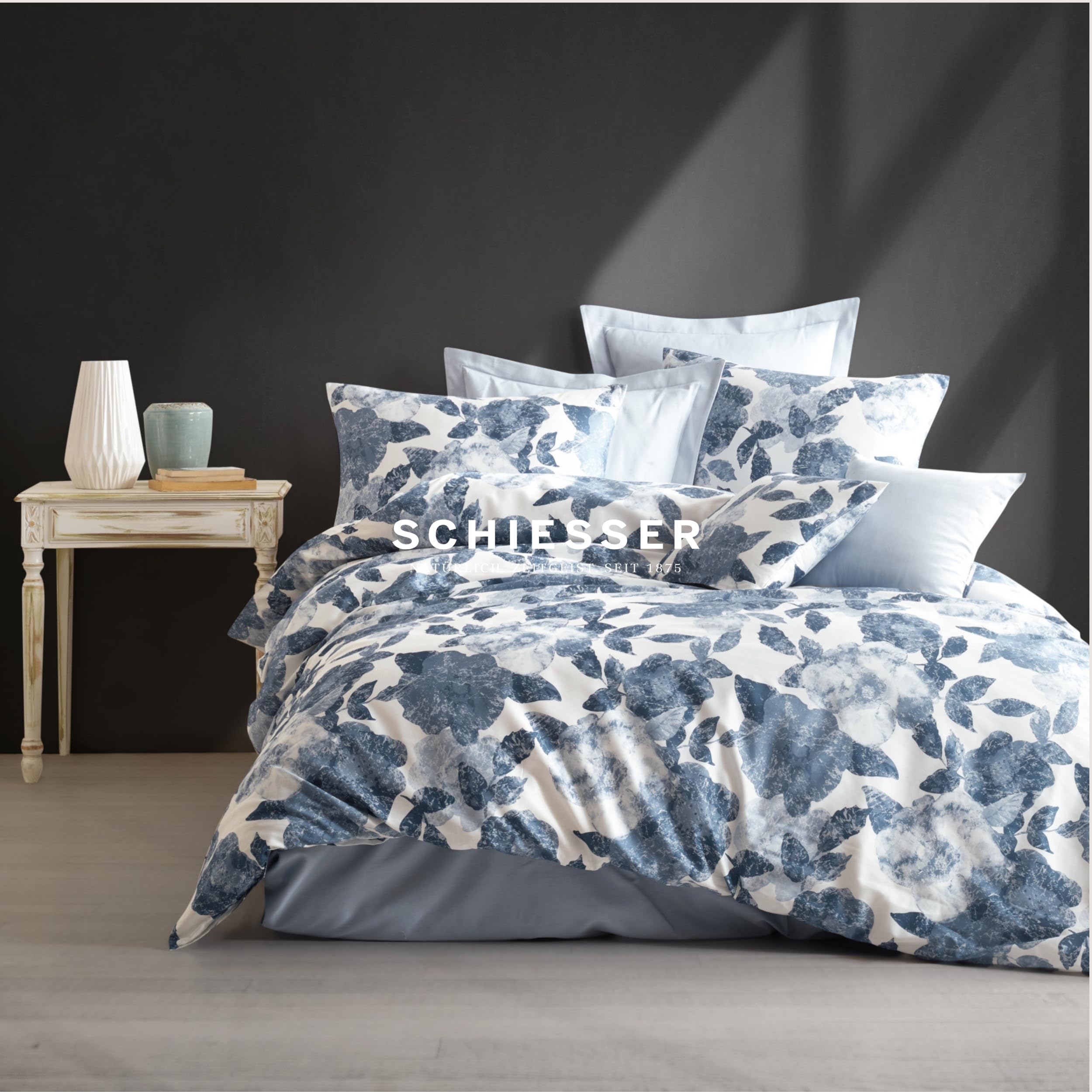 Schiesser Bettwäscheset Elisa | 2-teilig | Floral | Renforcé | 100% Baumwolle | Oeko-Tex Zertifiziert | Reißverschluss | 135x200cm + 80x80cm | Hellblau