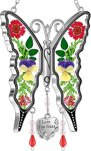 Atrapa luz de vitral con diseño de mariposa con la frase I love you nana. Campanilla de viento para ventanas como regalo para tu niñera en el día de