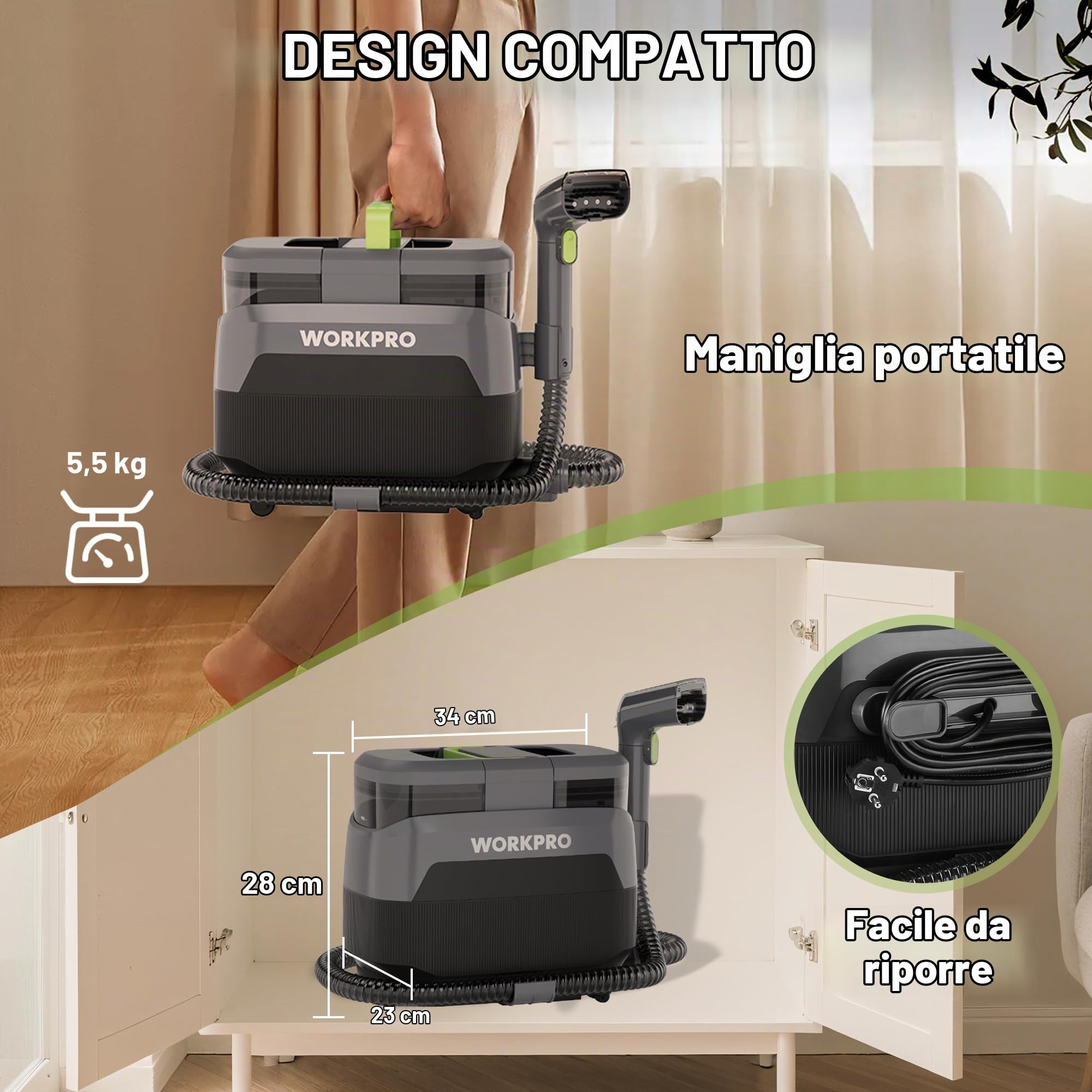 WORKPRO Aspirapolvere Lavatapetti e Lavatappezzeria, 16 kPa Pulitore a Vapore per Divani, 4 Modalità di Pulizia, Accessori Multipli, Pulitore Portatile per Macchie di Animali, Divano, Auto, Tappeto