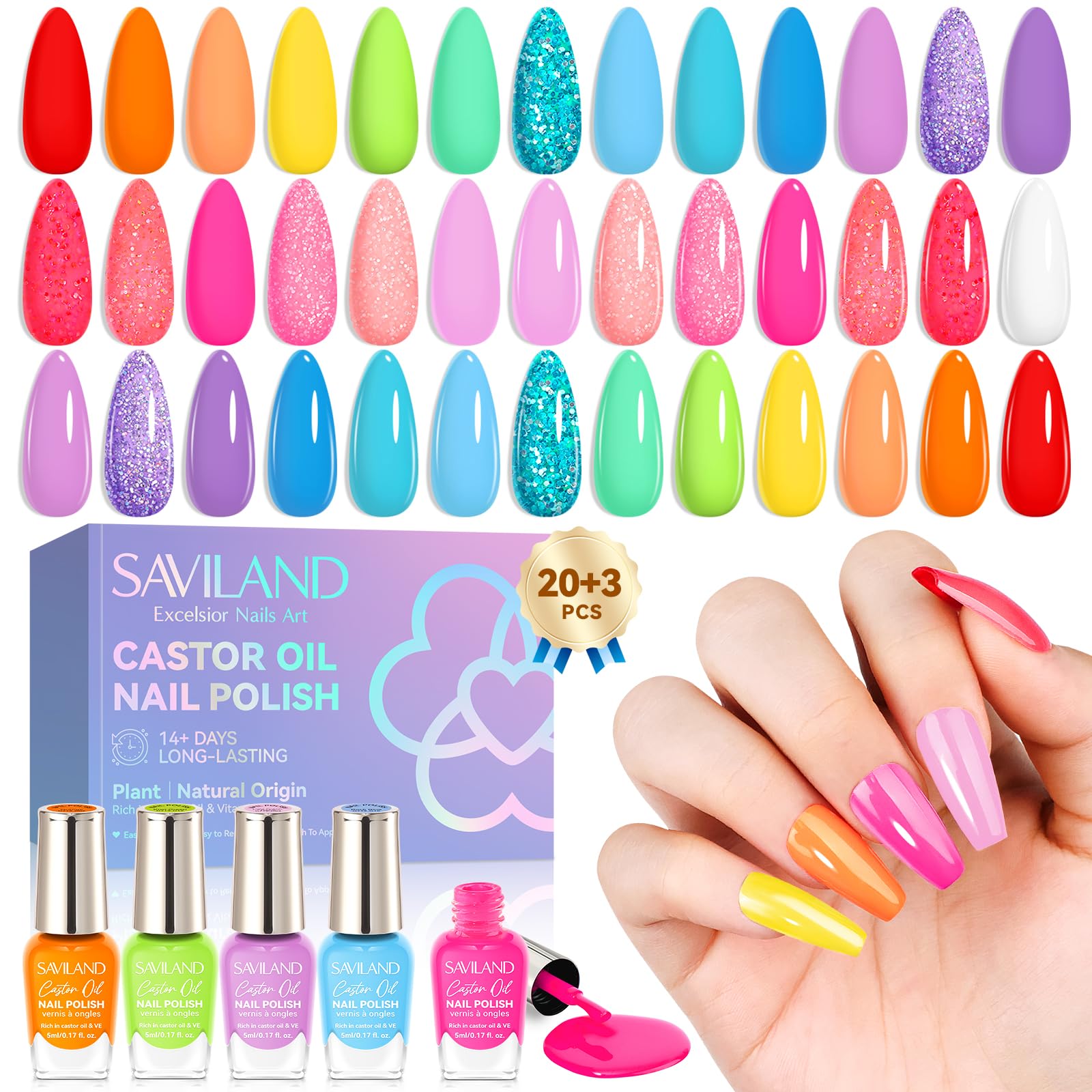 SAVILAND Quick-Dry Nail Polish Set - 20pcs Neon Rainbow Brights, Fingernail Polish Non-Gel Summer Colors with Castor Oil Infused Base & Glossy/Matte Top Nail Coats for Salon & Home Manicures DIY