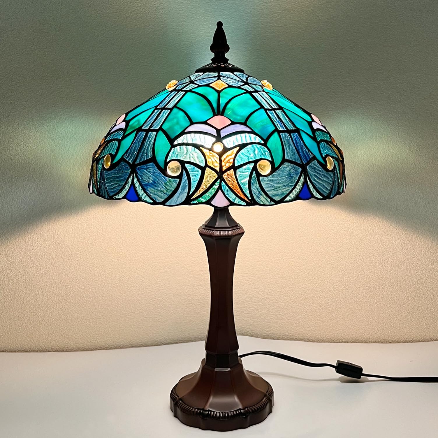 Tiffany Style Cyan Green Stained Glass Table Lamp - Antique Victorian Medium Desk & Bedside Reading Light for Living Room Bedroom Office