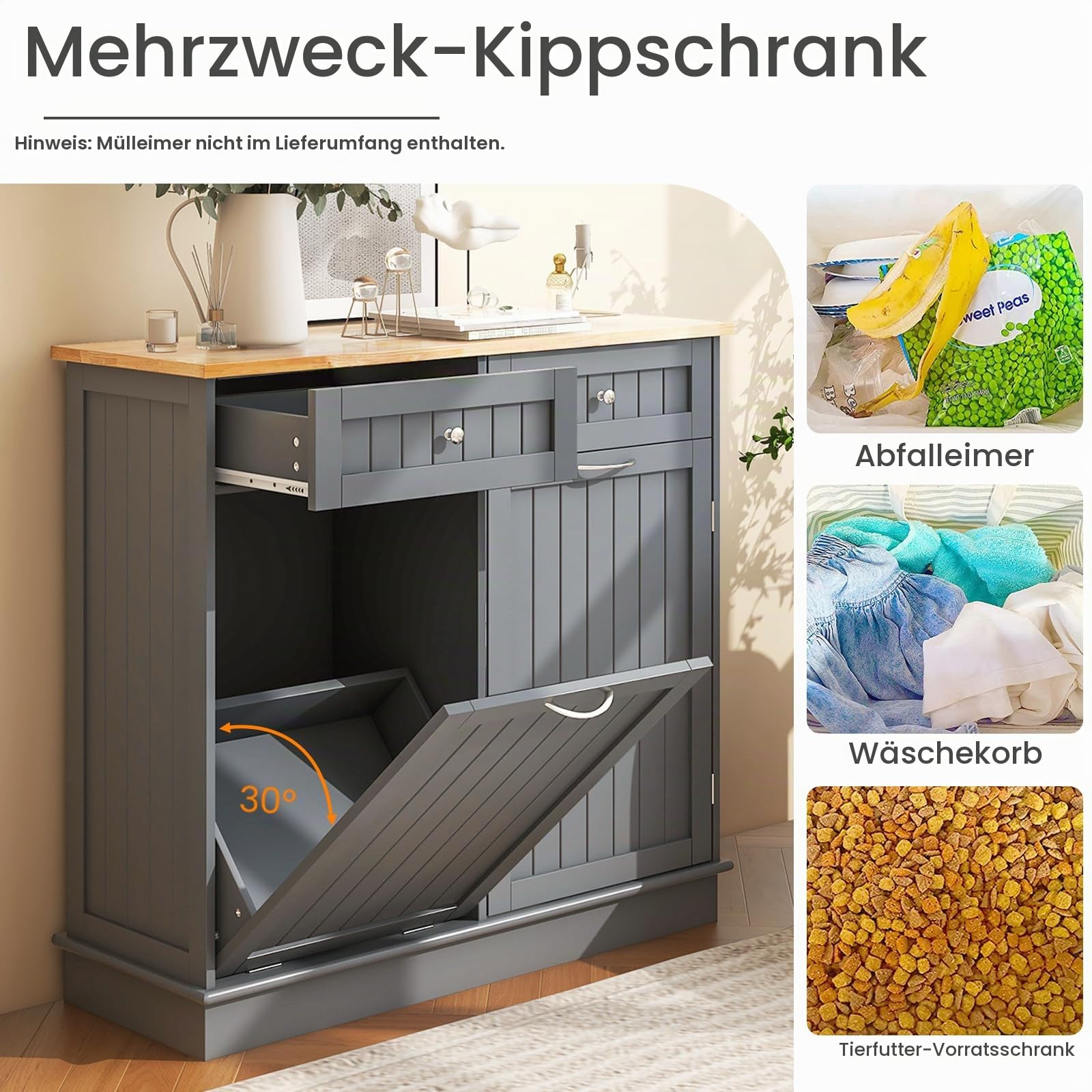 KOMFOTTEU Küchenschrank Abfallschrank mit Ausziehtür, Sideboard mit Halterung für Mülltonnen 42L, Mehrzweckschrank Holz mit 2 Schubladen, Küche Kommode 100x35x90,5cm (Grau)